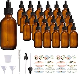 Comrzor 24 Pack 2oz Amber Glass Bottles with Glass Eye Droppers for Essential Oils, Perfumes & Lab Chemicals (Brush, Funnels, 2 Extra Droppers, 36 Pieces Labels & 30ml Measuring Cup Included)