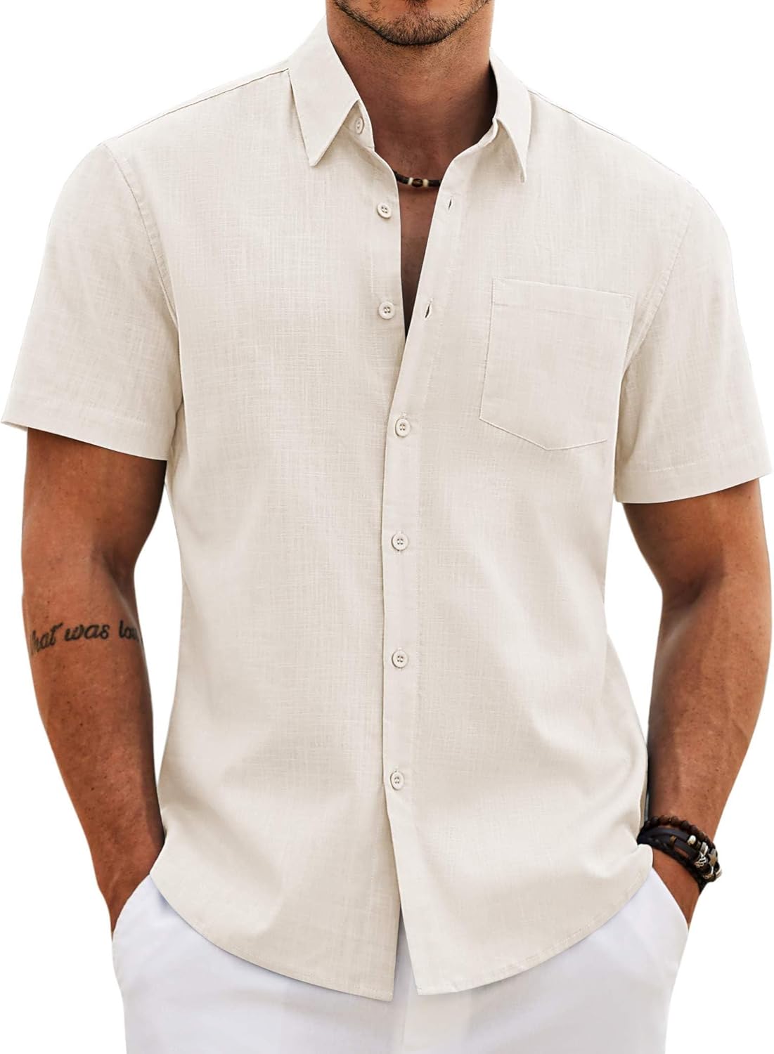 COOFANDY Men's Button Down Short Sleeve Shirt Casual Cotton Summer Beach Wedding Linen Shirts with Pocket