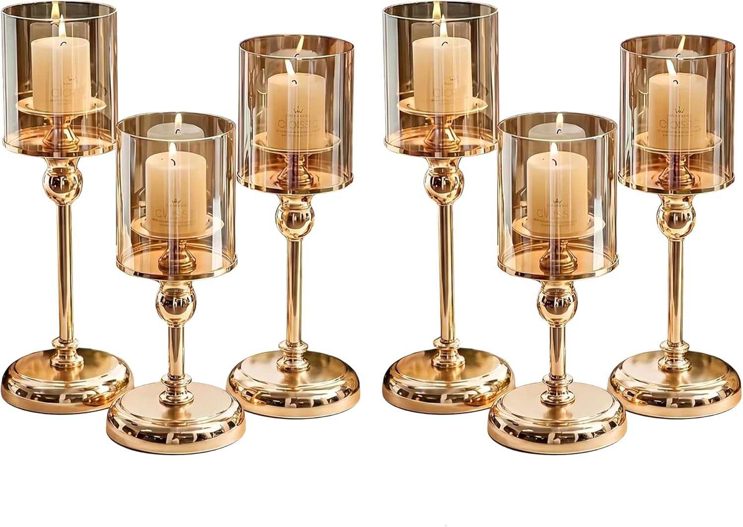 Gold Hurricane Candle Holders - Set of 6 Tall Candlestick Holders Windproof Taper Candle Holders, Metal Stand for Table Centerpiece Outdoor Indoor Wedding Party Holiday Decor