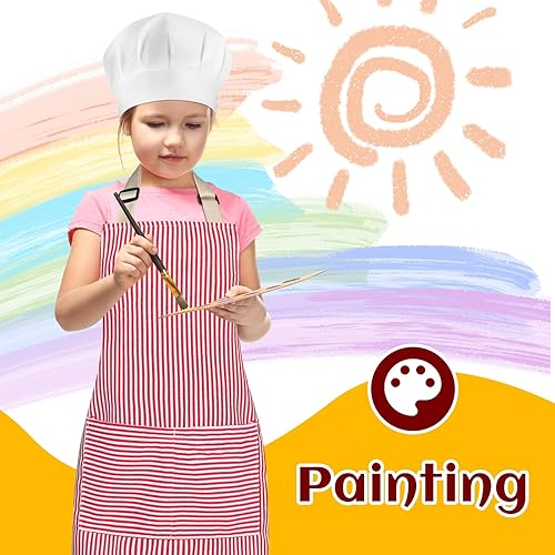 Miniatura 2 de Bunnycool Juego de 4 delantales y sombrero de chef para niños pequeños, delantales de algodón a rayas ajustables con 2 bolsillos grandes para niños