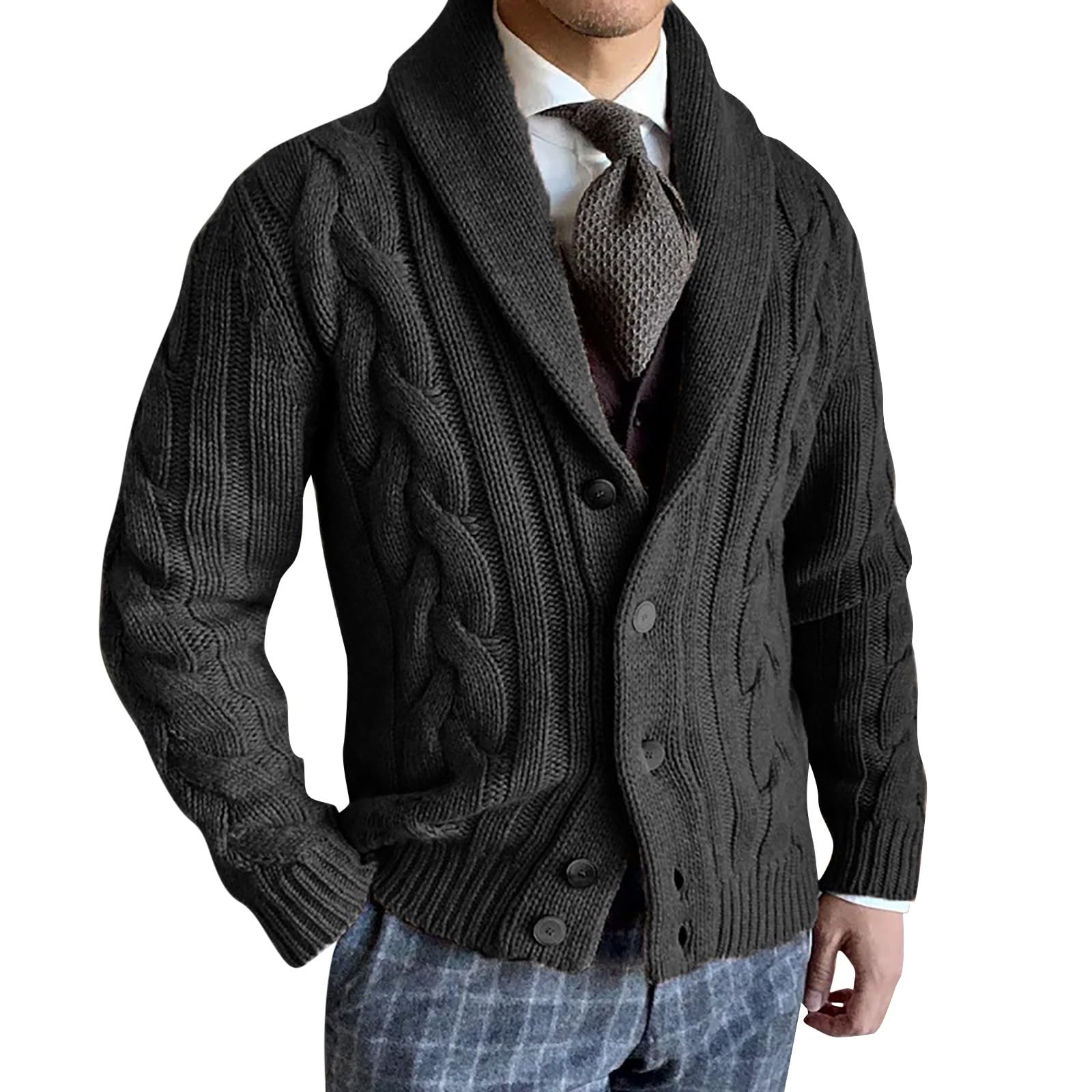 Pull tricoté à col châle masculin en maille côtelée premium - 5