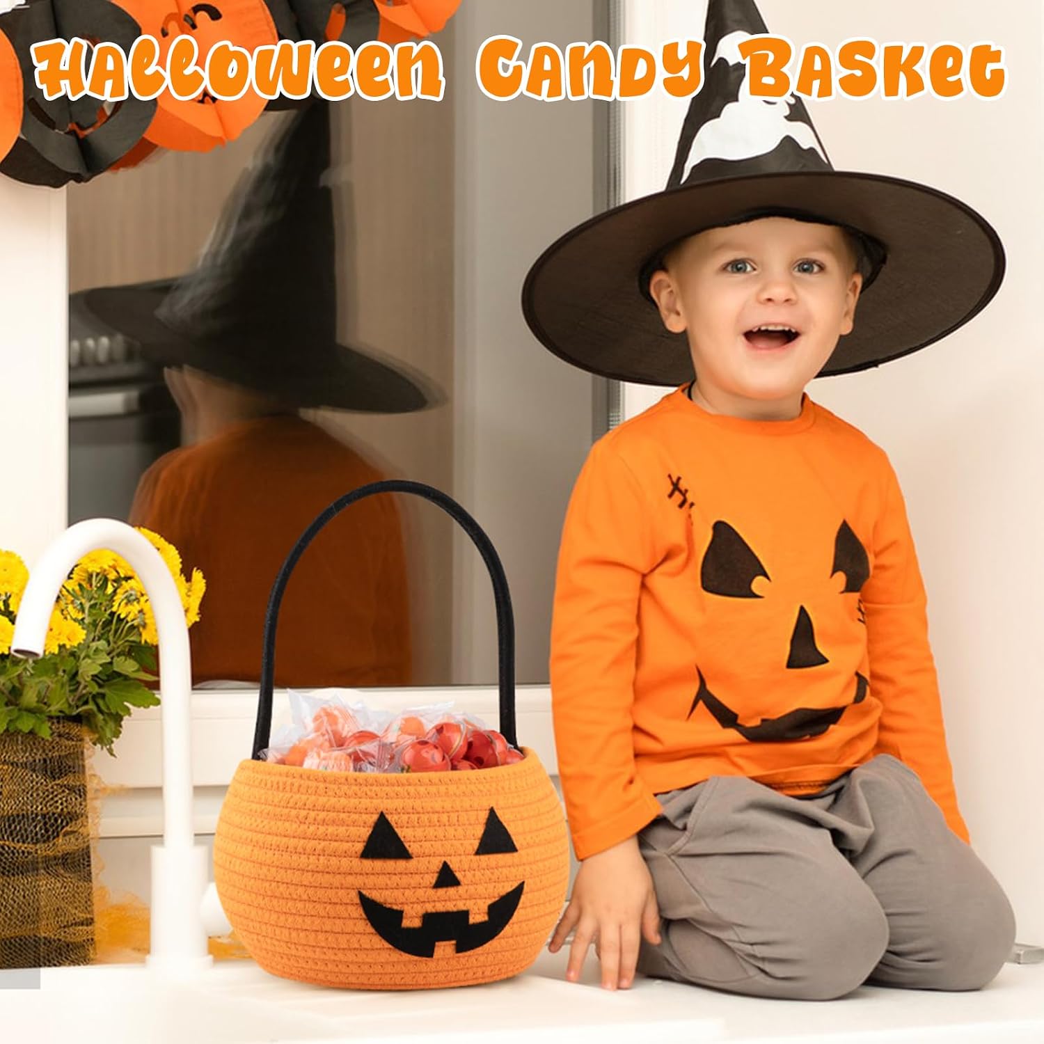 OIASKET 2PCS Halloween Basket for Kids, Pumpkin Basket with Handle, Trick or Treat Bucket, Small Orange Halloween Decorations, Pumpkin Candy Bucket Halloween Party Favors