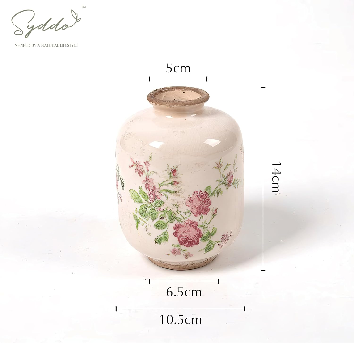 SYDDOL White Ceramic Vase, Small French Country Style Porcelian Vase Hand Painted Floral Design with Vintage Crackle Glaze for Wedding Dinner Table Office Bedroom - 5.5 Inch / 14 CM (Pink Floral)