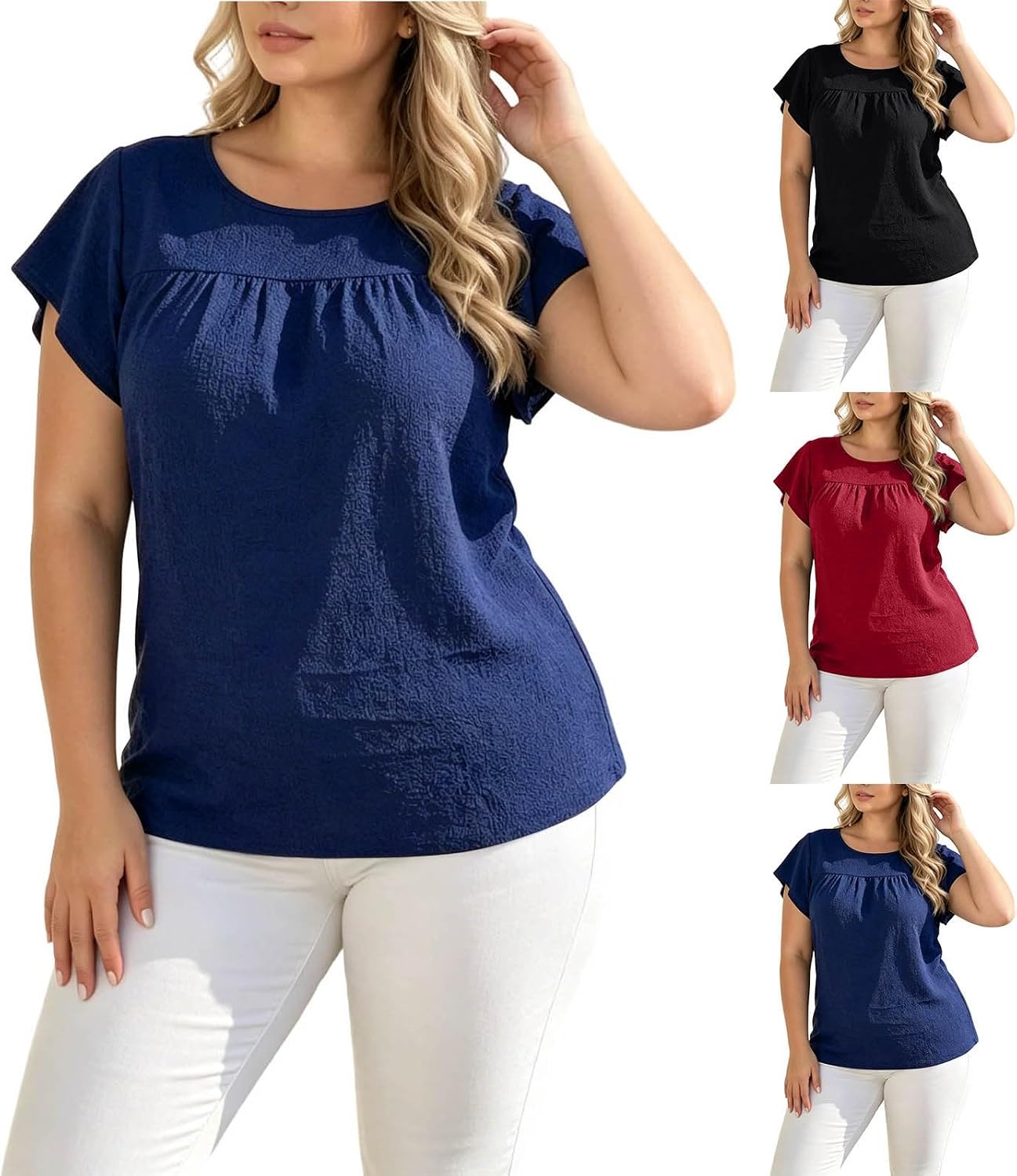 Plus Size Dressy Tops for Fat Women Flutter Sleeve Summer Shirts Elegant Crew Neck Blouses Loose Tunic Tee Top