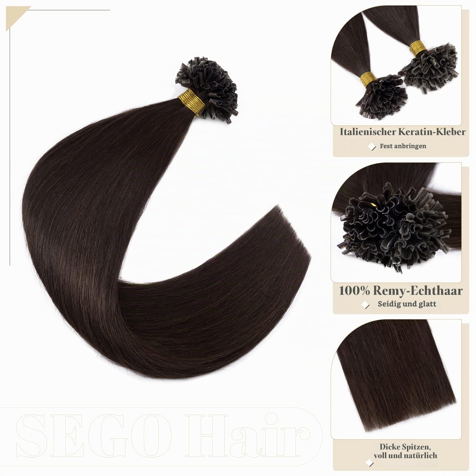 SEGO Extensions Echthaar Bondings Haarverlängerung Keratin U-Tip Human Hair 100 Strähnen Dunkelbraun#2 24"(61cm)-50g