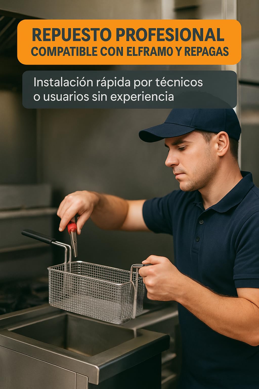 RO Linea Blanca ® Cesta Freidora Industrial Compatible Con Elframo Repagas Acero Inoxidable Mango Fijo Alto Medidas 215x375x120mm Repuesto Profesional Fritura Profunda Hosteleria Universal