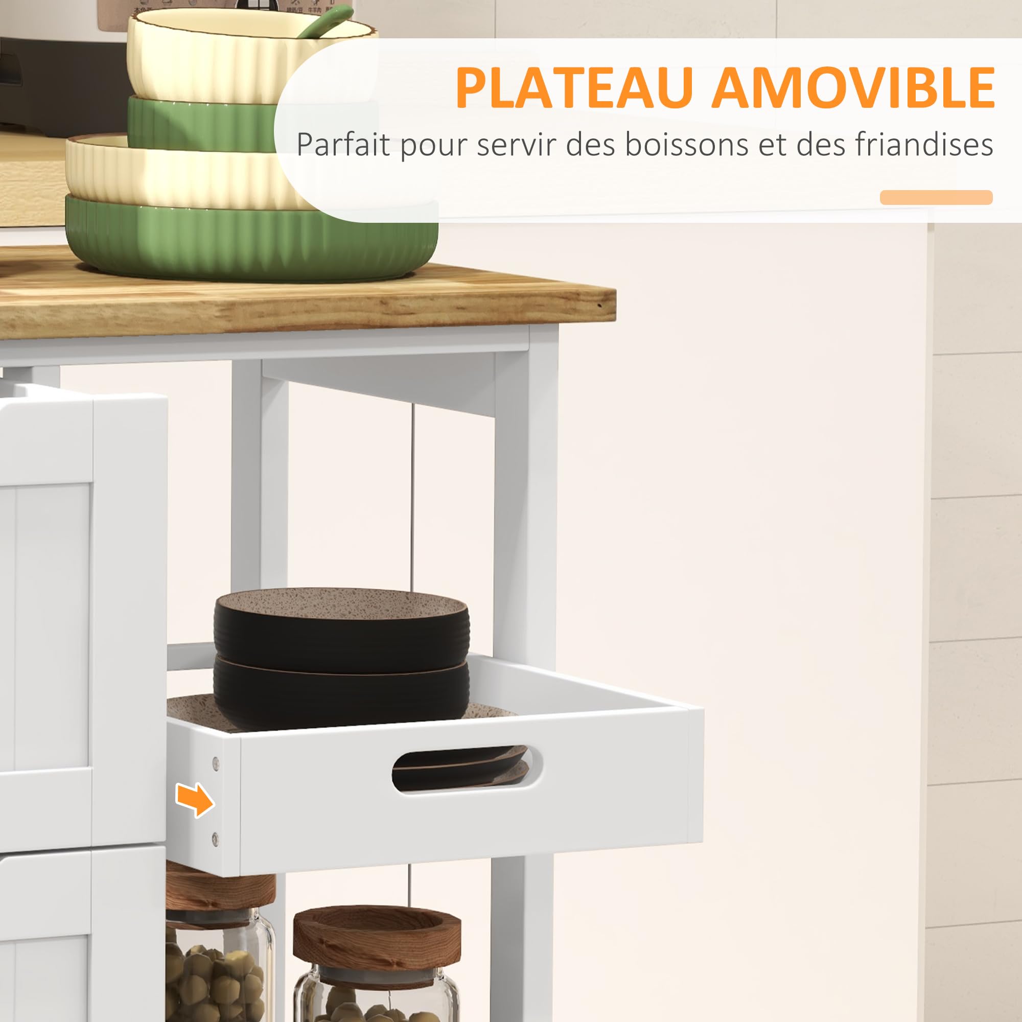 HOMCOM Desserte de cuisine à roulettes, chariot de service, plan de travail en bois d'hévéa, 3 tiroirs, plateau amovible, 2 étagères à lattes, chariot de cuisine et salle à manger, 67x37x85,5cm, blanc