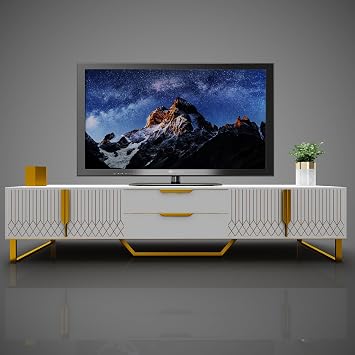 Modern TV Stand for TVs Up to 80 Inches, Carving Entertainment Center with 4 Doors and 2 Drawers, Gold Legs and Handles for Living Room