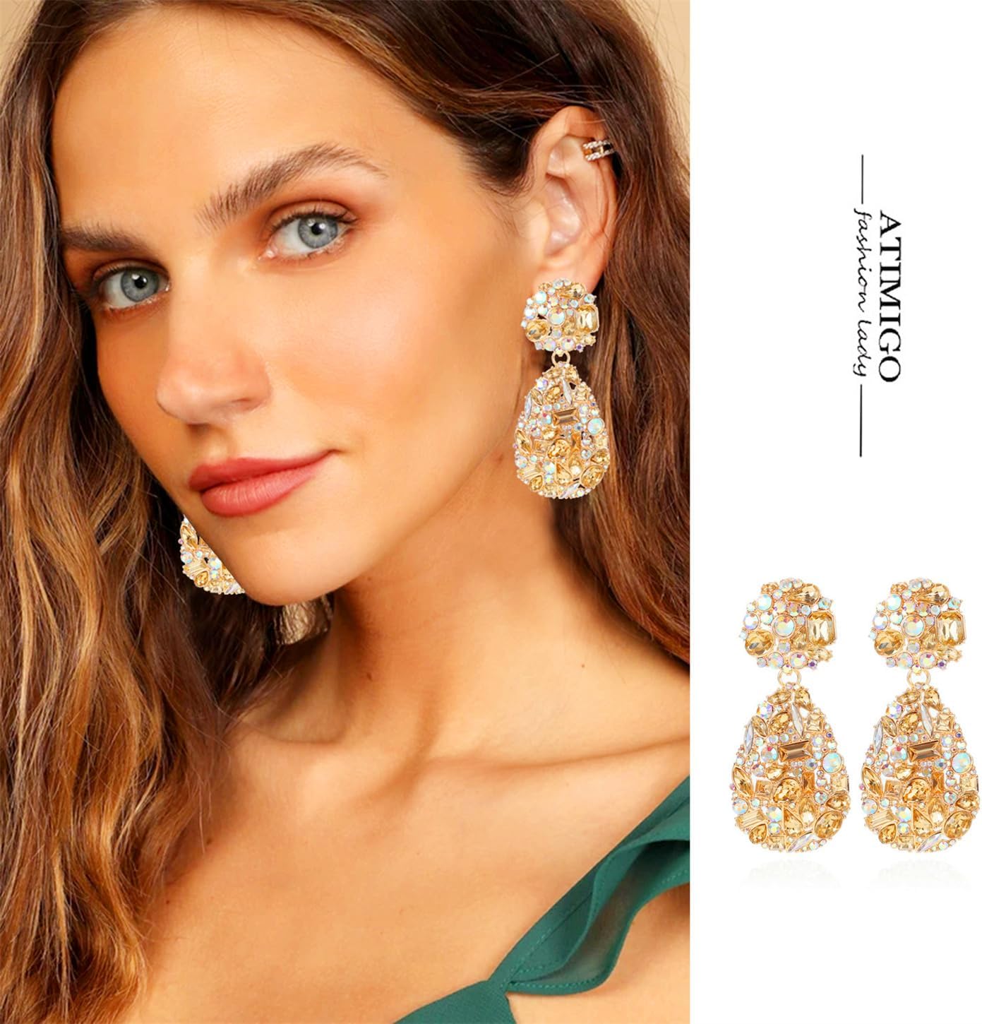 ATIMIGO Rhinestone Teardrop Dangle Earrings Trendy Crystal Drop Statement Earrings hypoallergenic Chandelier Fashion Earrings for Women - Image 3