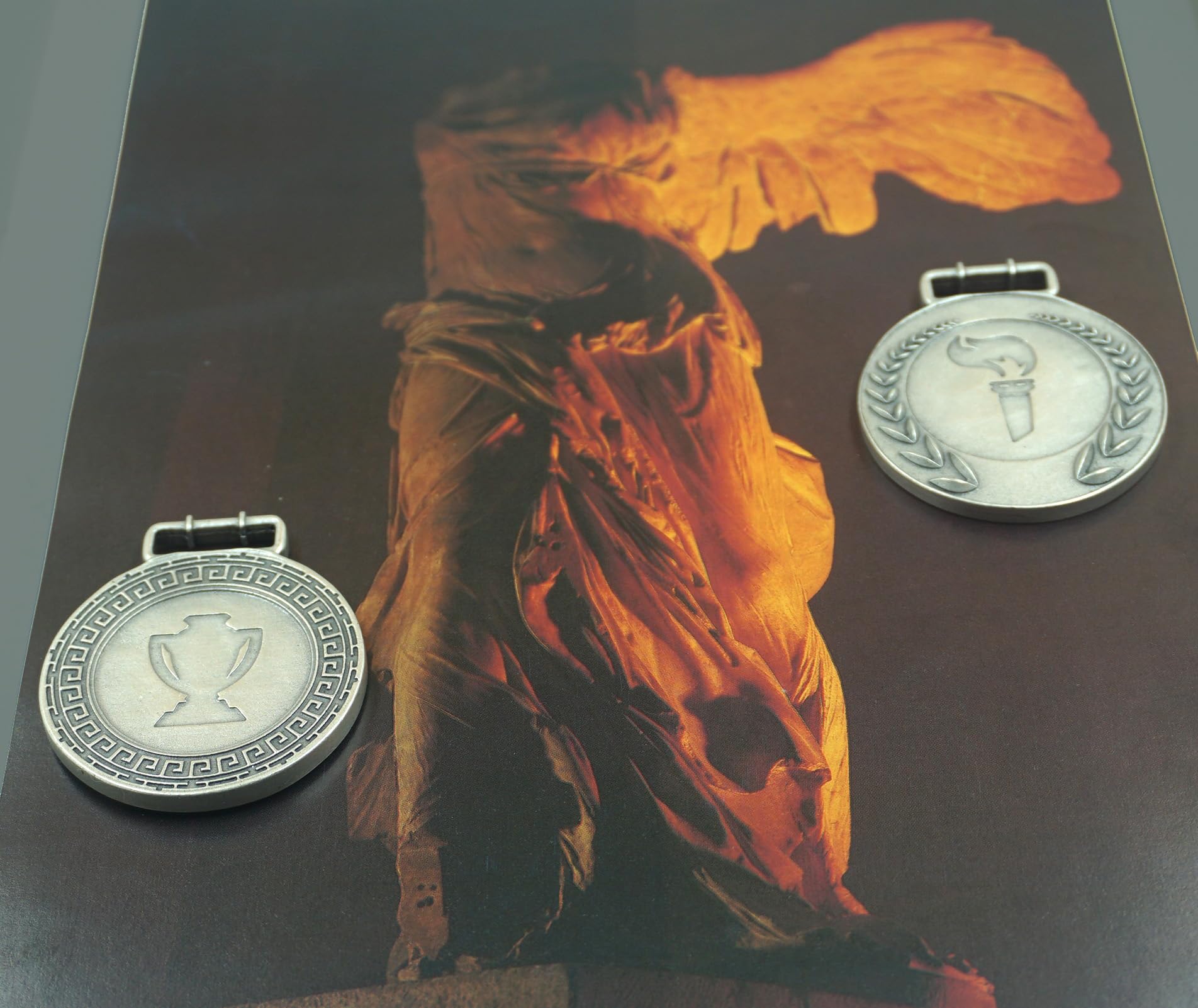 Torch symbol medal for sports awards with blue ribbon. SILVER plated metal. Diameter 1,88 in. Handmade Italian Craftsmanship - Image 4