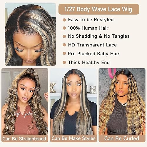 Miniatura 5 de Peluca de encaje frontal ombre Avolo de cabello humano prearrancada 13x4, peluca de encaje frontal de onda corporal con reflejos de cabello humano