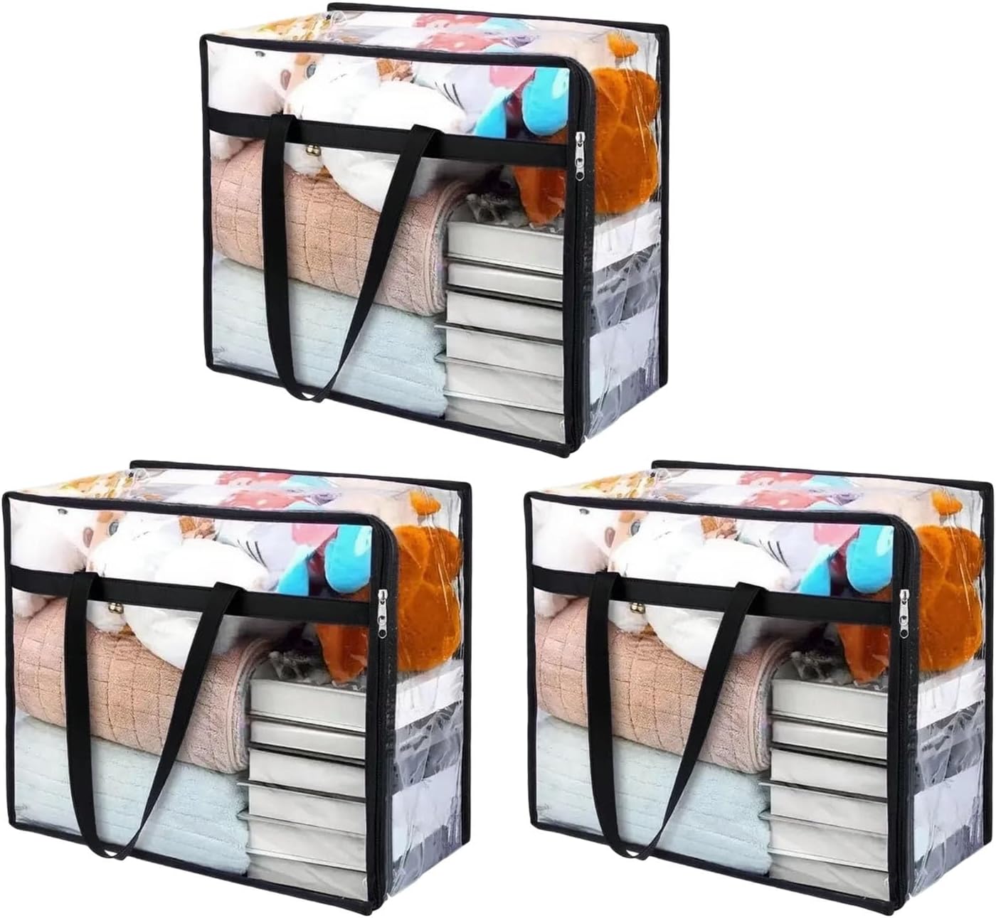 3 Pack Clear Storage Bags with Zippers and 2 Carry Handles, Black