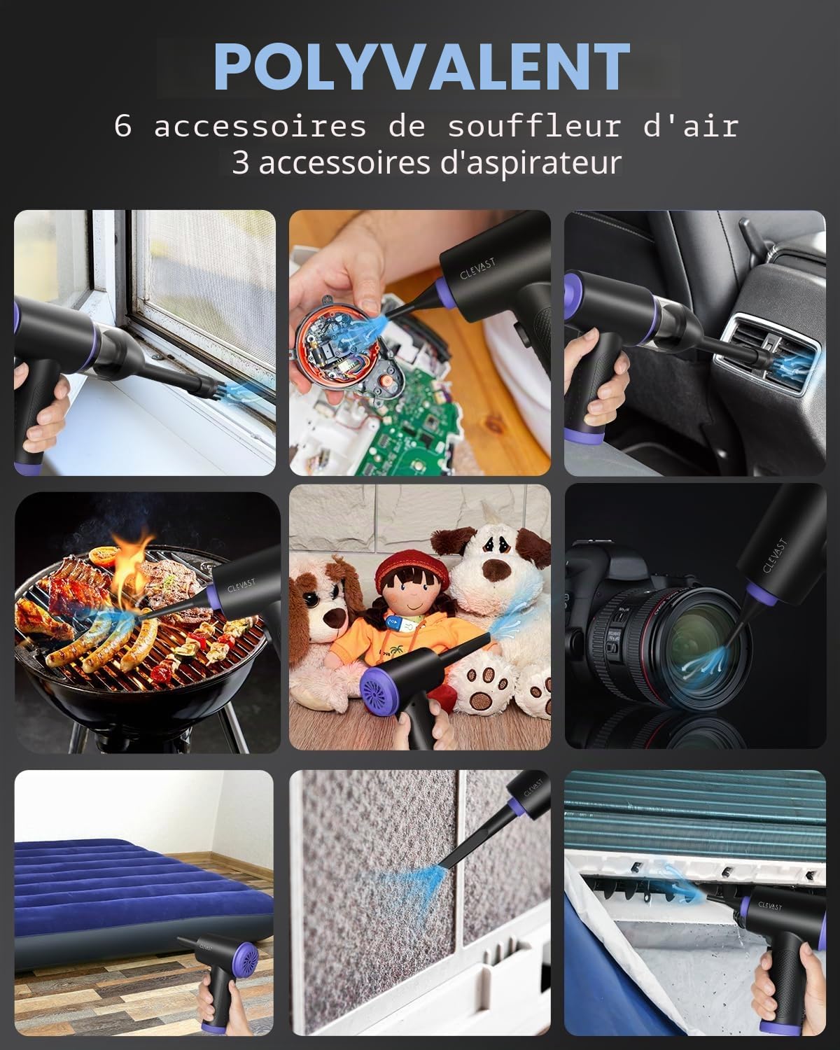 CLEVAST Souffleur Air Comprimé, 3 in 1 Dépoussiérant Puissants électrique 110000RPM, 3 Vitesses Air Comprimé Duster avec brosse de nettoyage, Nettoyeur à air comprimé pour clavier,voiture