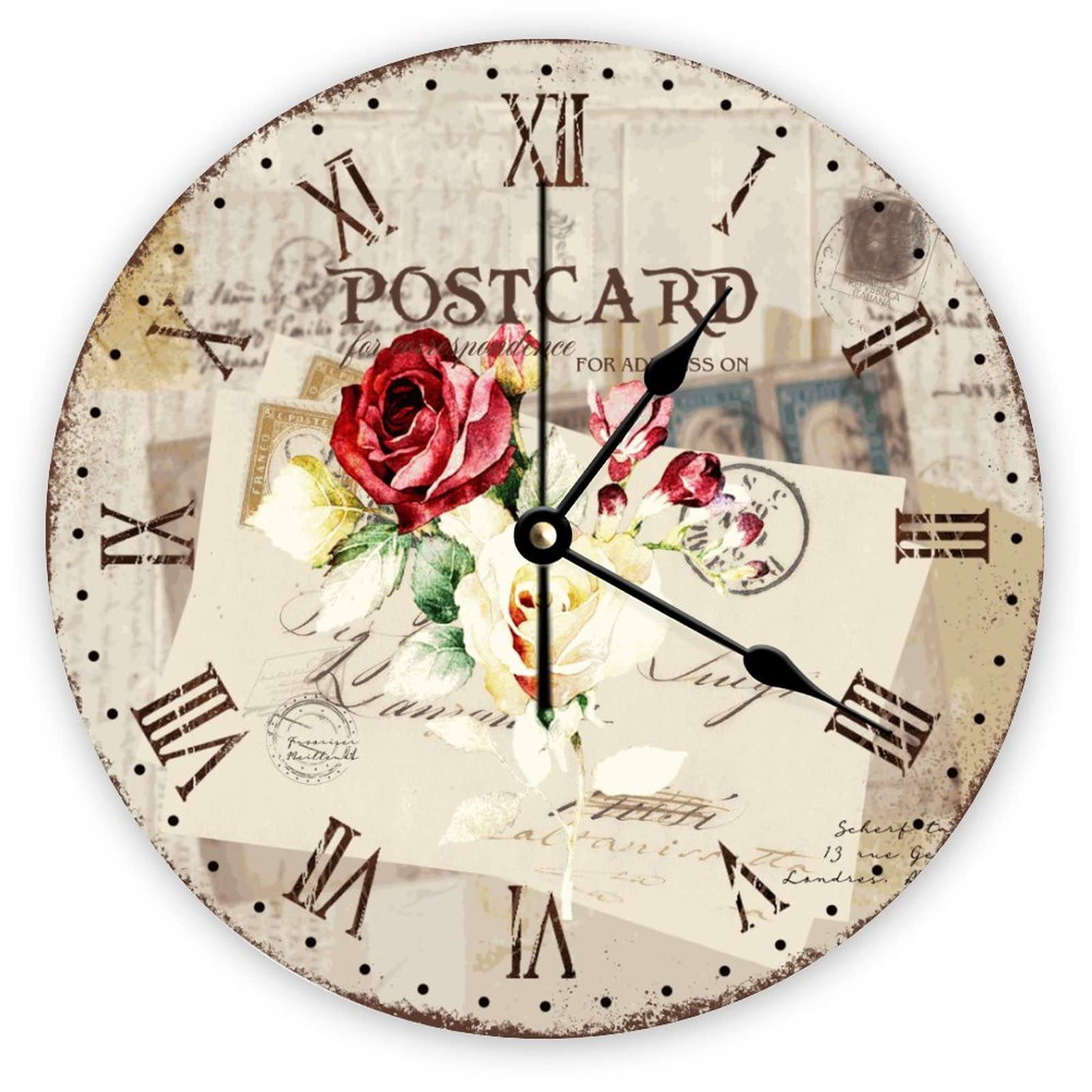 Horloge murale silencieuse sans tic-tac à motif floral rétro rose 38 cm