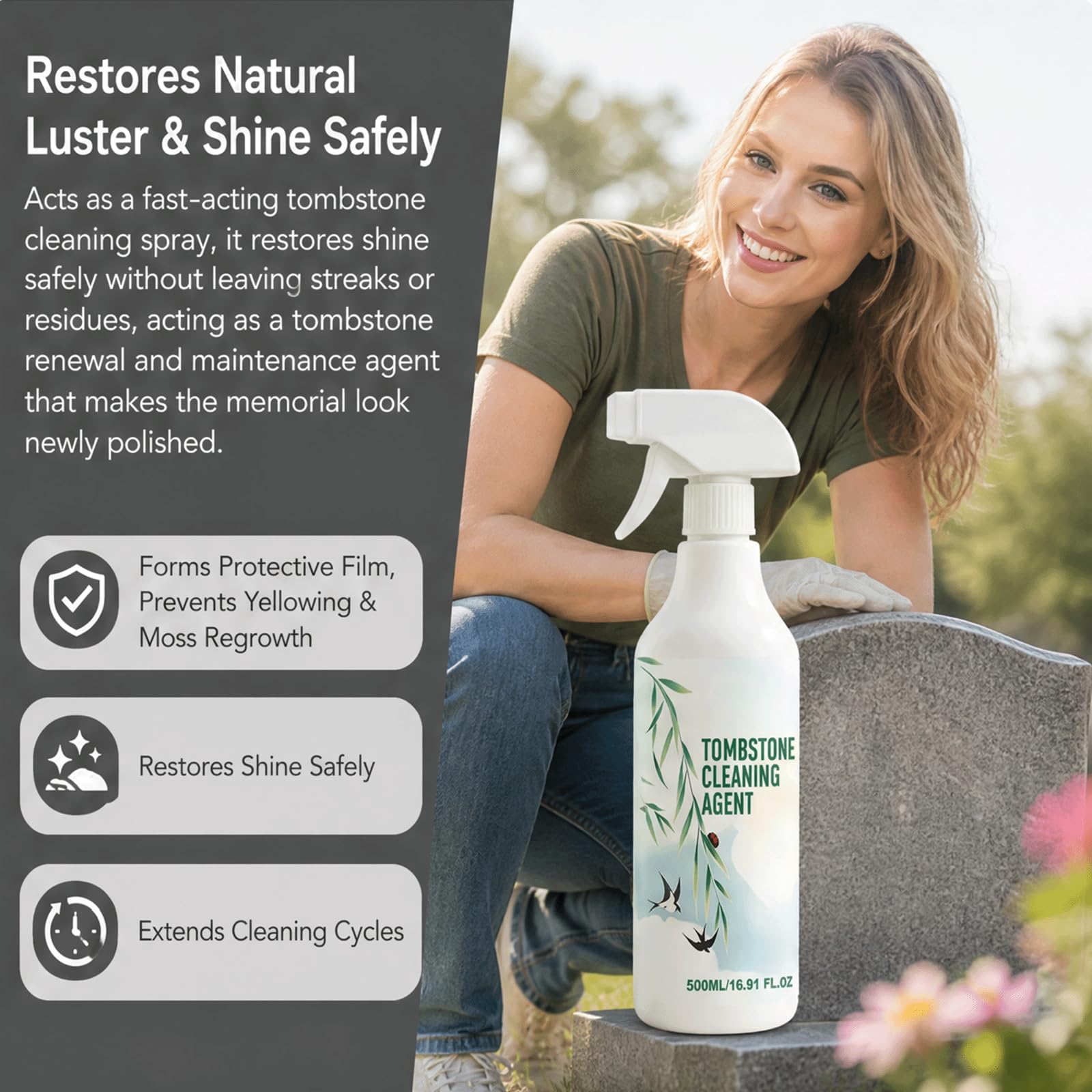Spray de limpieza seguro y no abrasivo para lápidas y monumentos, elimina el musgo duro, la suciedad y las manchas de agua al instante, sin daños, restaura el brillo y forma una película protectora