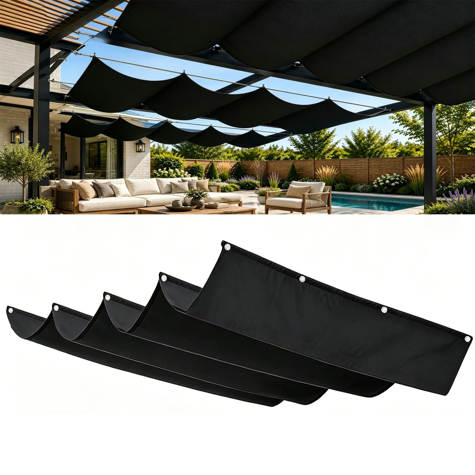 Toile ombrage pergola rétractable noire pour aménager un patio ombragé