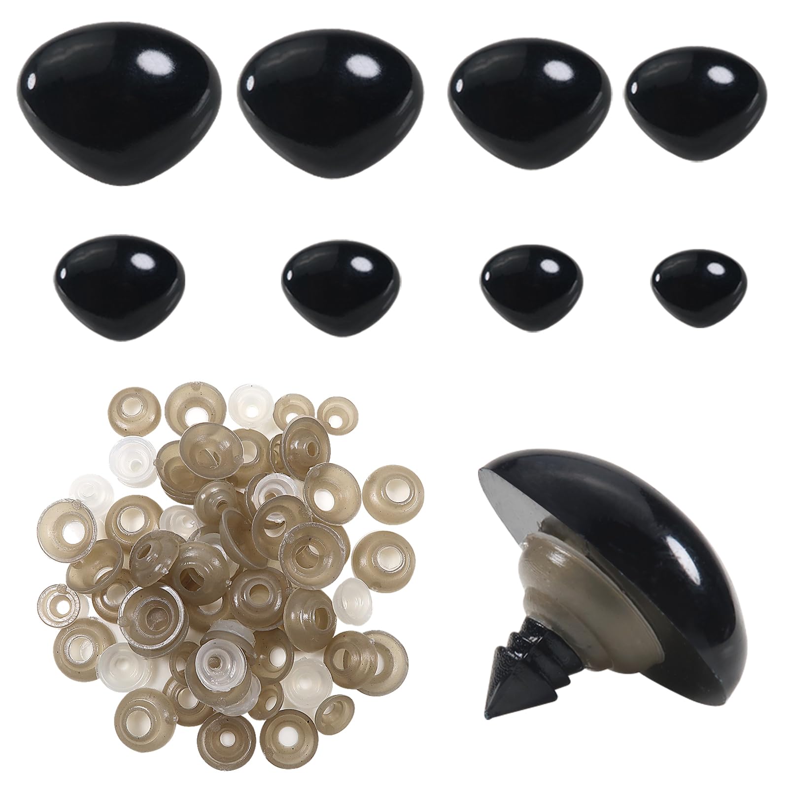 TOAOB 114pcs Black Safety Noses for Amigurumis Plastic Doll Noses with Washers 9mm to 29mm for Stuffed Crochet Animals Craft Puppet Plush Accessories