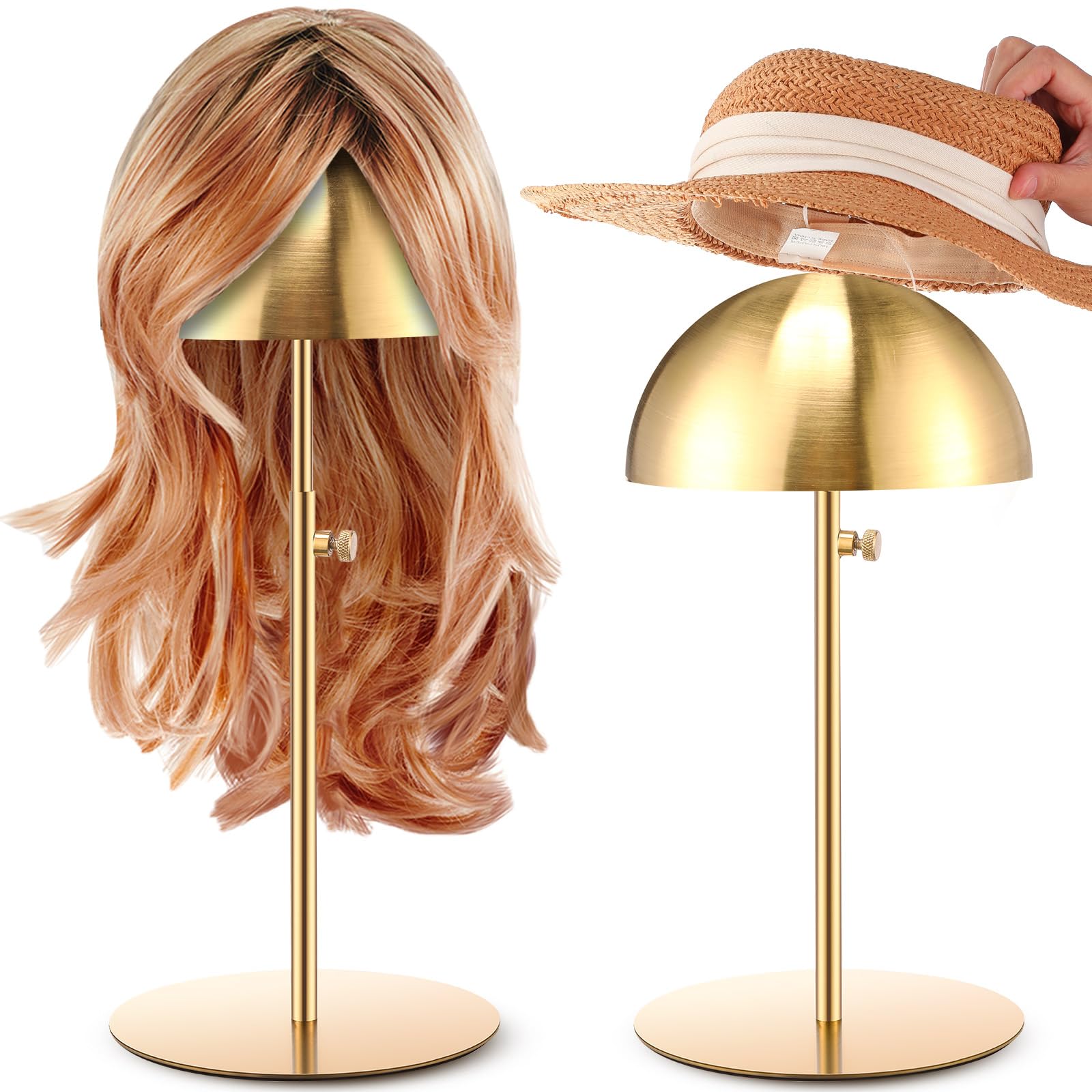 Sintuff 2 Pcs Hat Display Stand 7.9-15.7 Inch Adjustable Gold Hat Holder Sturdy Wigs Head Stand Anti Rust Non Slip Stable Stainless Steel Metal Hat