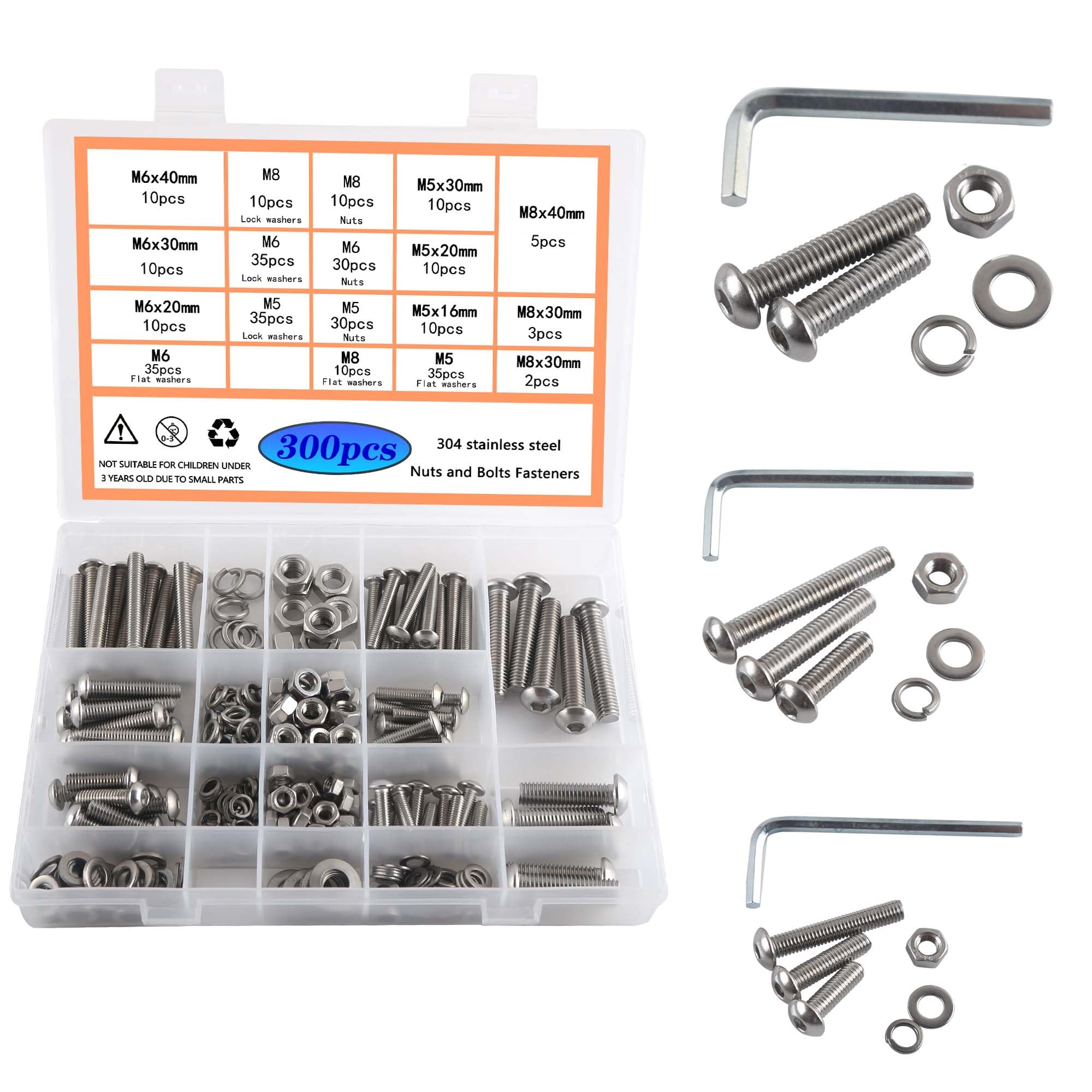 Rshuhx 300pcs Round head Bolts and Nuts and Washers Series set 304 Stainless steel M5 M6 M8 Hexagonal Cylindrical head Mechanical Bolts and nuts Classification box kit With hexagonal wrench