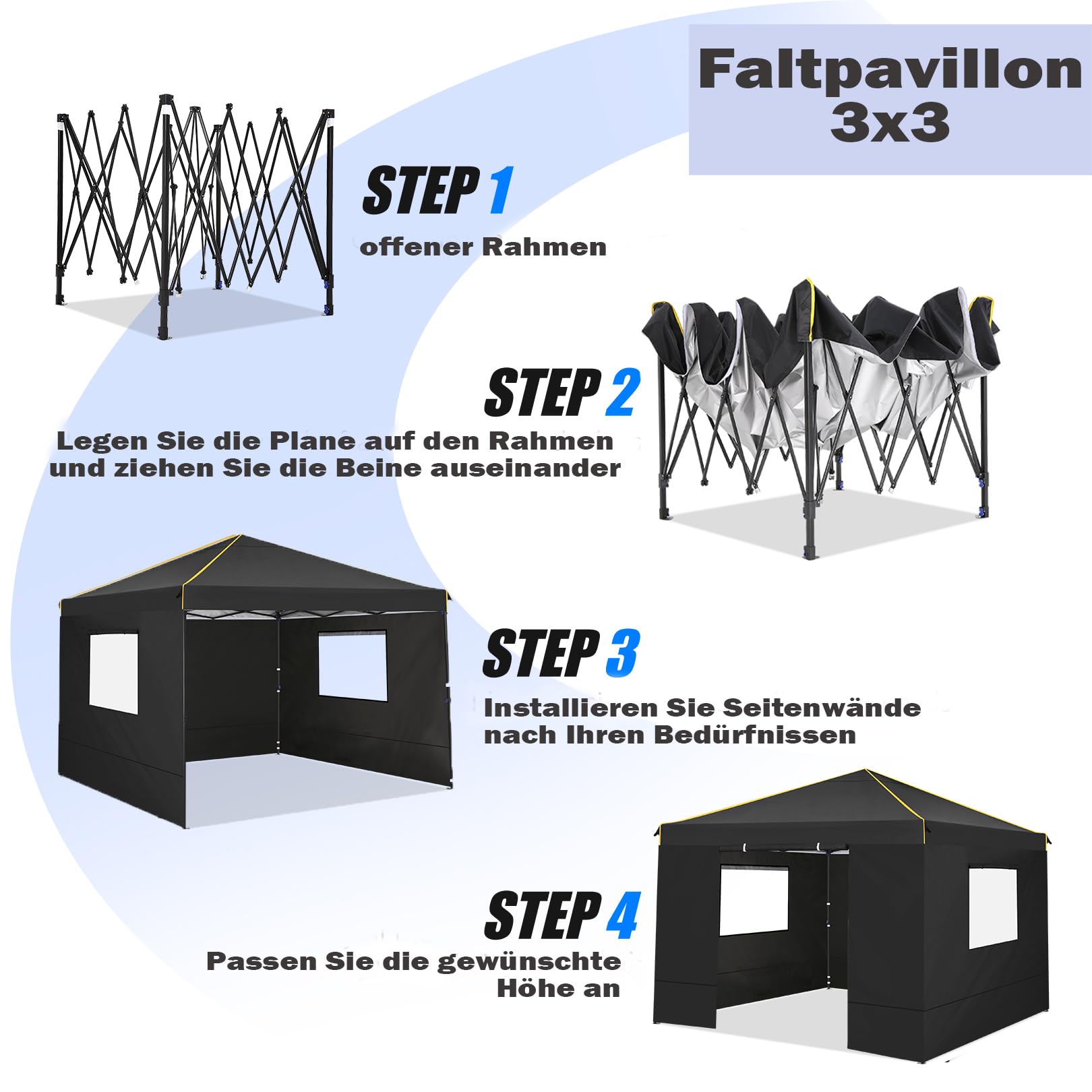 COBIZI Pavillon 3x3 Wasserdicht Stabil Faltpavillon 3x3 Profi mit 4 Seitenteilen Pop Up Pavillon Pavillon Faltbar UV-Schutz 50+ Partyzelt für Strand Hochzeit Camping（Schwarz） | Stahlrahmen (rostgeschützt), 3-fach höhenverstellbar 200-226cm, wasserdichte U