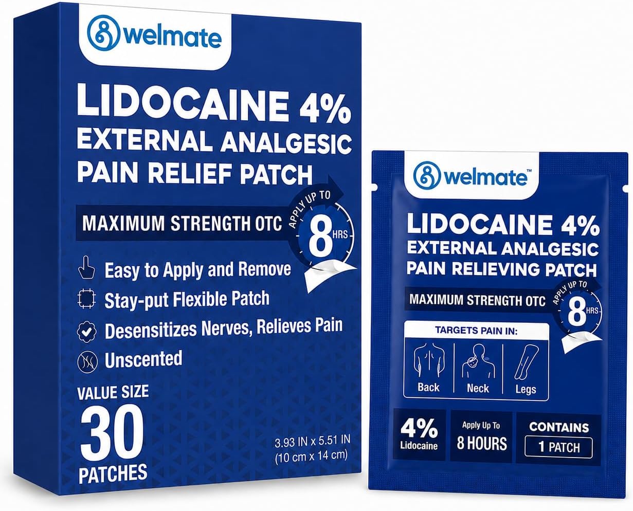 WELMATE - 4% Lidocaine Numbing Patch - Maximum Strength - Temporary Relief of Pain, Back, Neck, Shoulders, Knees, Elbows, Minor Skin Irritations - Topical Analgesic Unscented - 30 ct