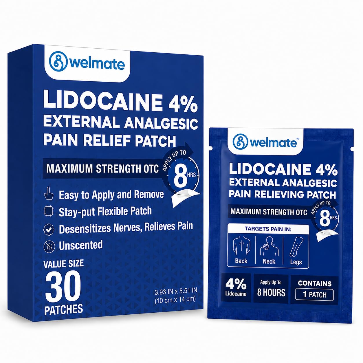 WELMATE 4% Lidocaine Pain Relief Patch Maximum Strength, 30 Count | Fast-Acting 8-Hour Topical Analgesic for Back, Neck, Shoulder, Knee, Nerve Pain, Unscented Numbing Gel Patches for Adults