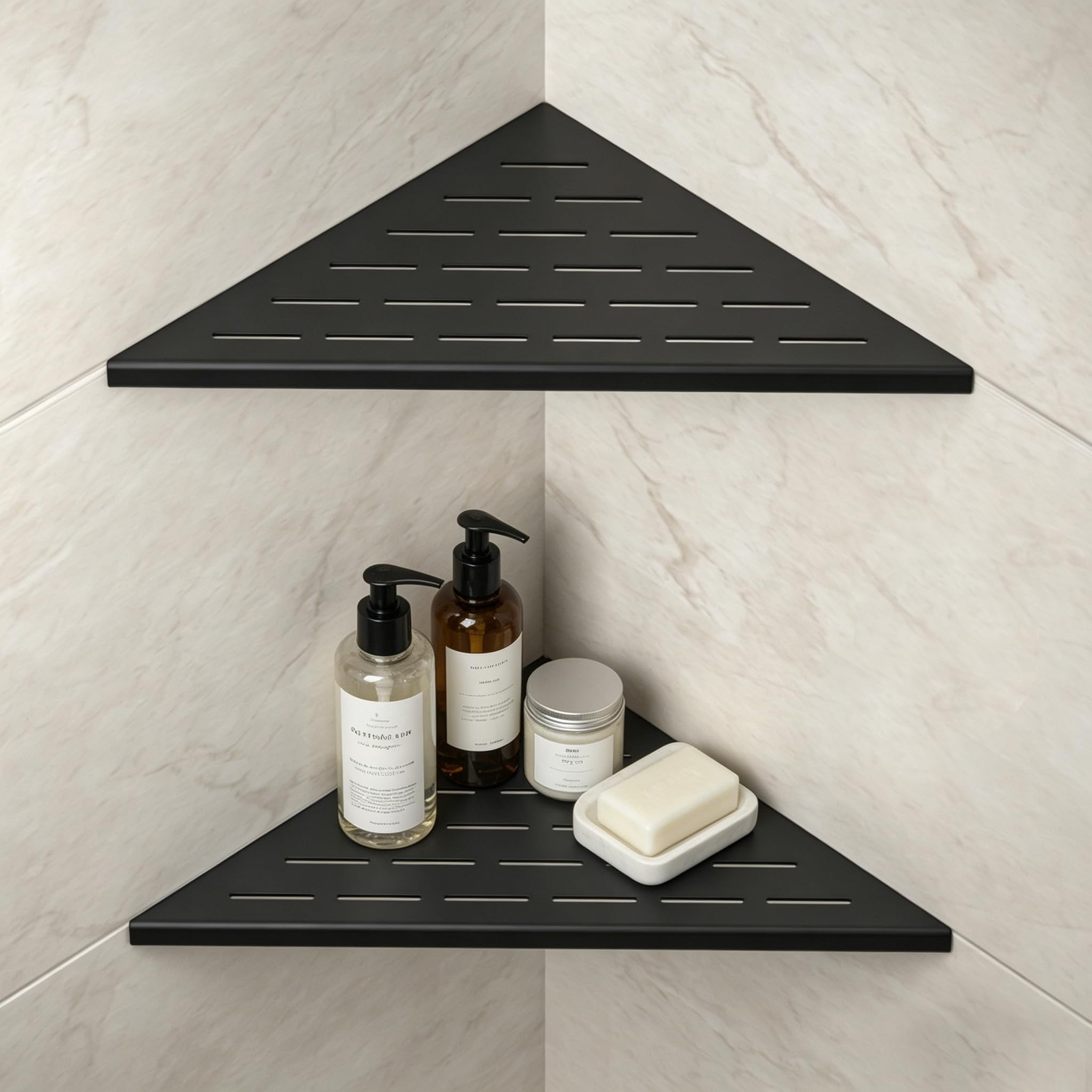 Bernkot Corner Shower Shelf 304 Stainless Steel, Recessed Corner Shelves Slot Design, 12" Triangular Corner Shelf 1.5mm Thickness Bathroom Shelf for Tiled Wall, No Drilling, 2 Pack, Black