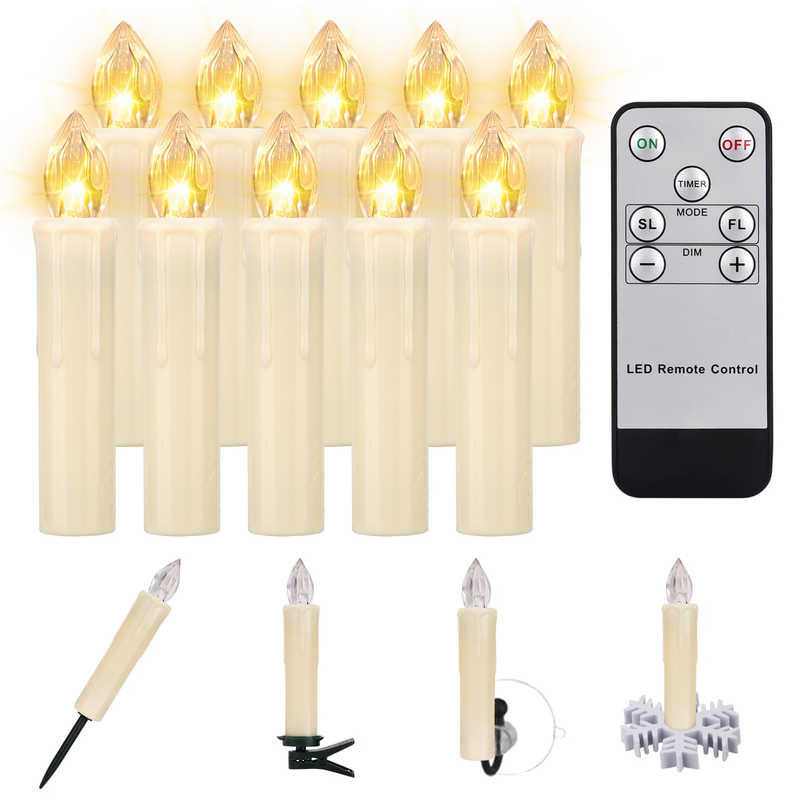 10 PCS LED Window Flameless Taper Candle, Battery Operated Christmas Tree Candle Lights with Remote Timer, Flickering Tree Candles Ideal for Christmas