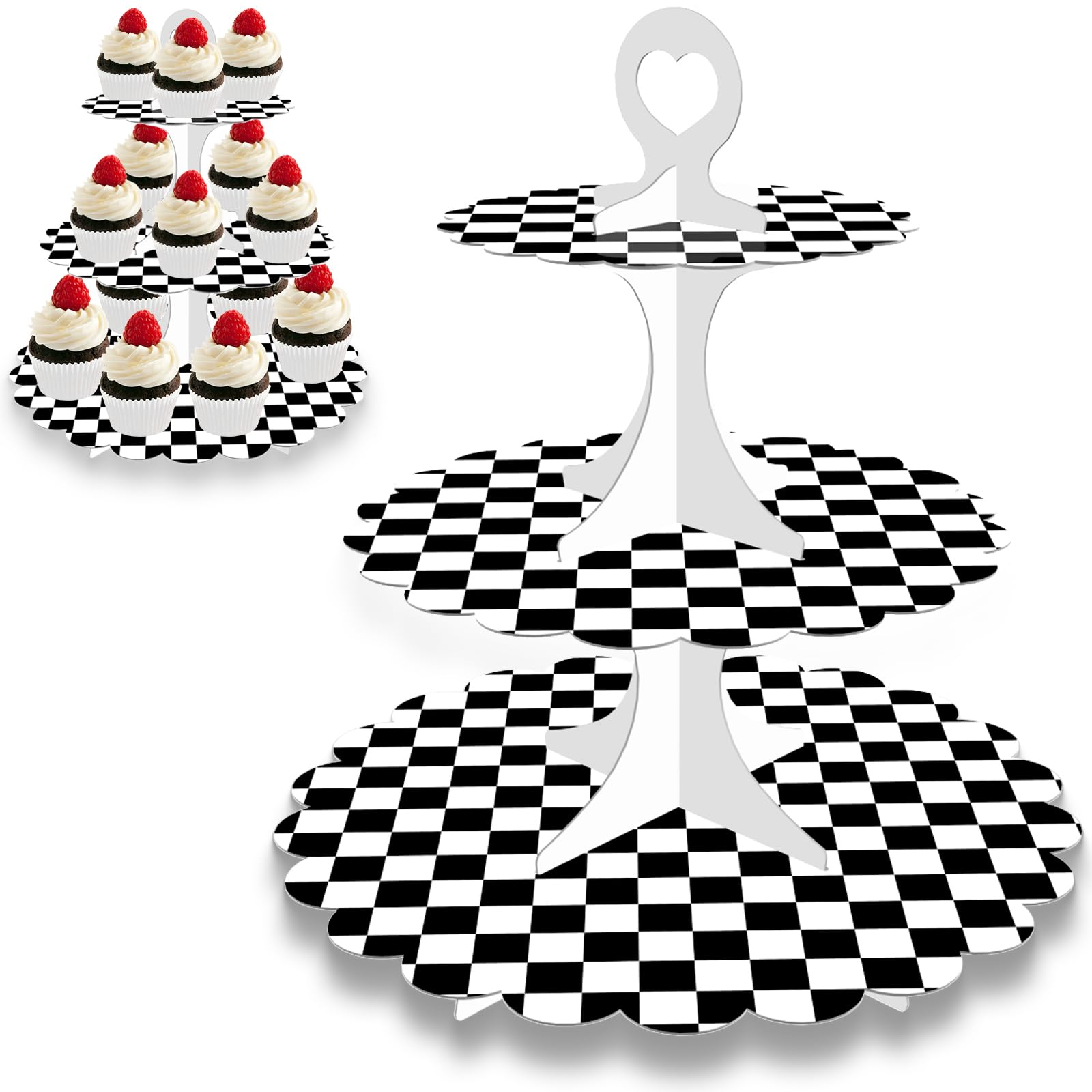 Paquete de 2 soportes para cupcakes de 3 niveles, torre de soporte para cupcakes, soporte de nivel para cupcakes en blanco y negro para fiesta de postres, soporte para cupcakes en capas