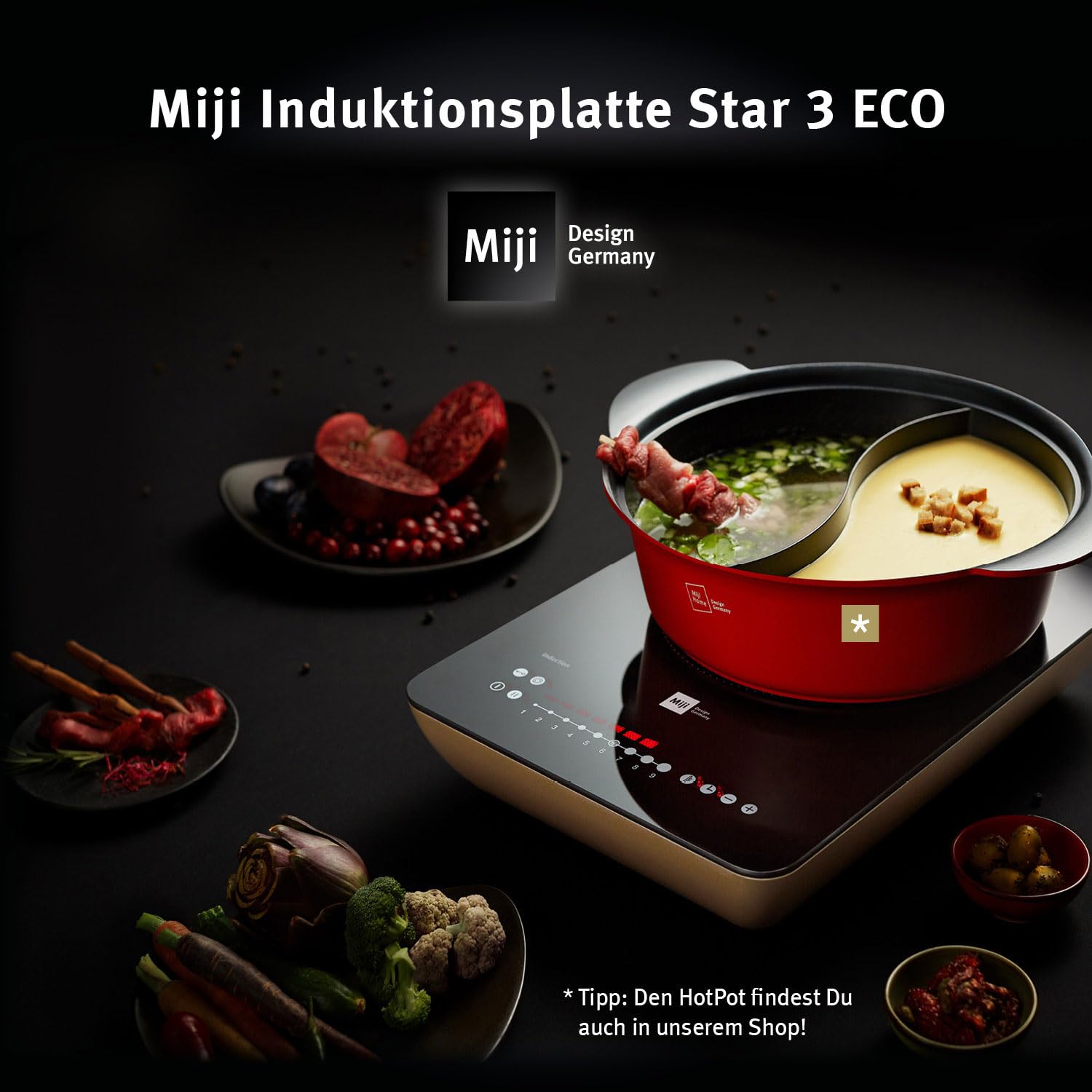 Miji - Star 3 ECO Trend, mobiles Induktionskochfeld, Induktionsplatte mit 1 Kochfeld, Induktionskochplatte mit Ceranfeld autark, 9 Stufen, 2300 Watt, kompakte Größe für Camping oder zu Haus