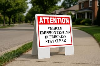 Vehicle Emission Testing in Progress Stay Clear Attention Folding Coroplast A-Frame Double-Sided 23in x23in