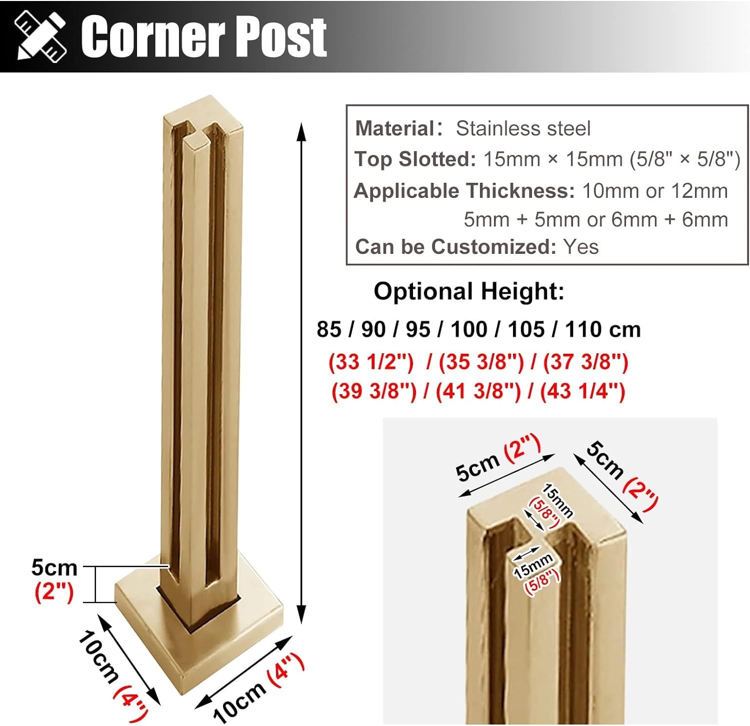 Varilla de fijación para Valla de Vidrio Abrazadera para Poste de barandilla de Vidrio Patio/Terraza/Veranda Poste Cuadrado Dorado para barandilla de Vidrio Poste de Soporte para Valla de Vi