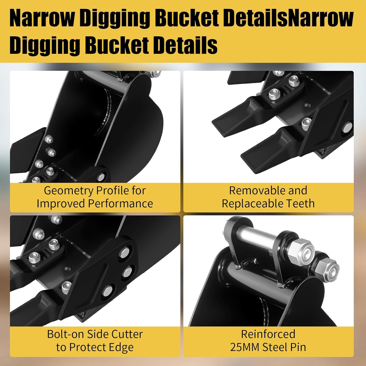 200mm Mini Excavator Bucket,7.78in Mini Excavator Attachments, Metal Teeth Hole Diameter 0.98in, Center Wheelbase 3.54in, Bucket Metal Trenching Digger.(Black)