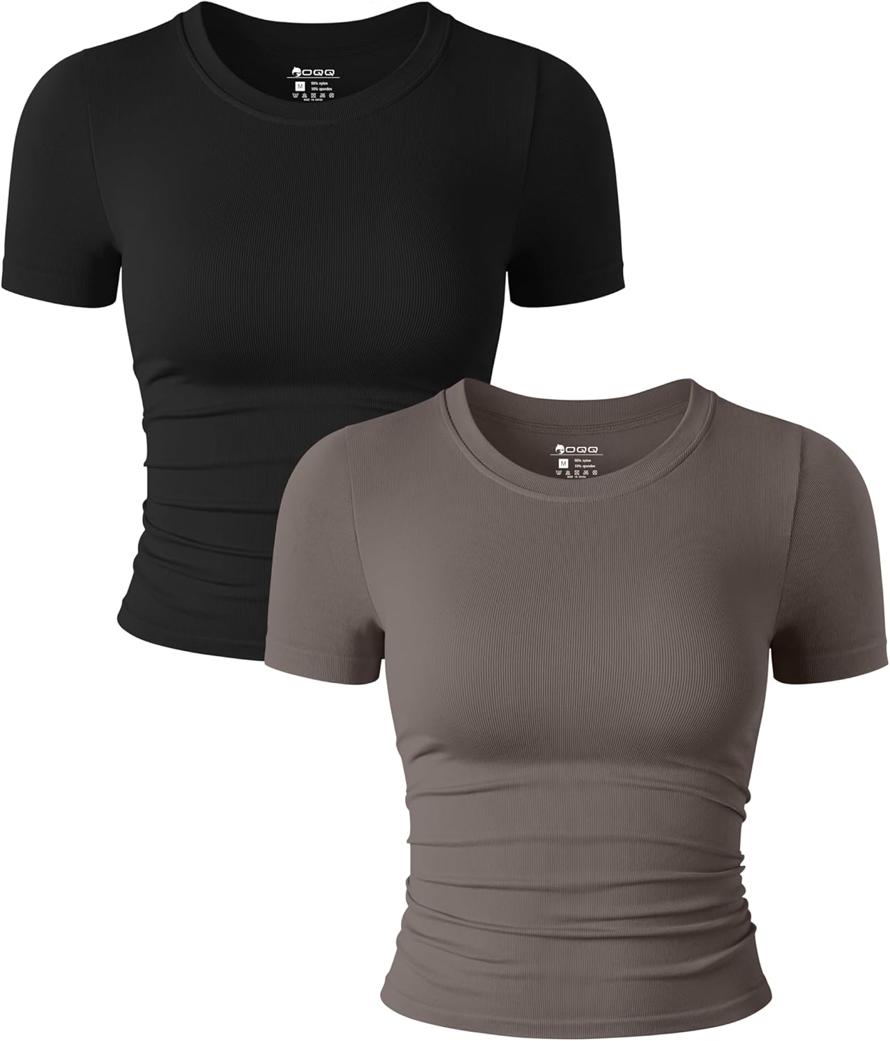OQQ Womens 2 Piece Shirts Short Sleeve Crew Neck Ruched Stretch Fitted Tee Shirts Crop Tops Black,tea Leaf Small