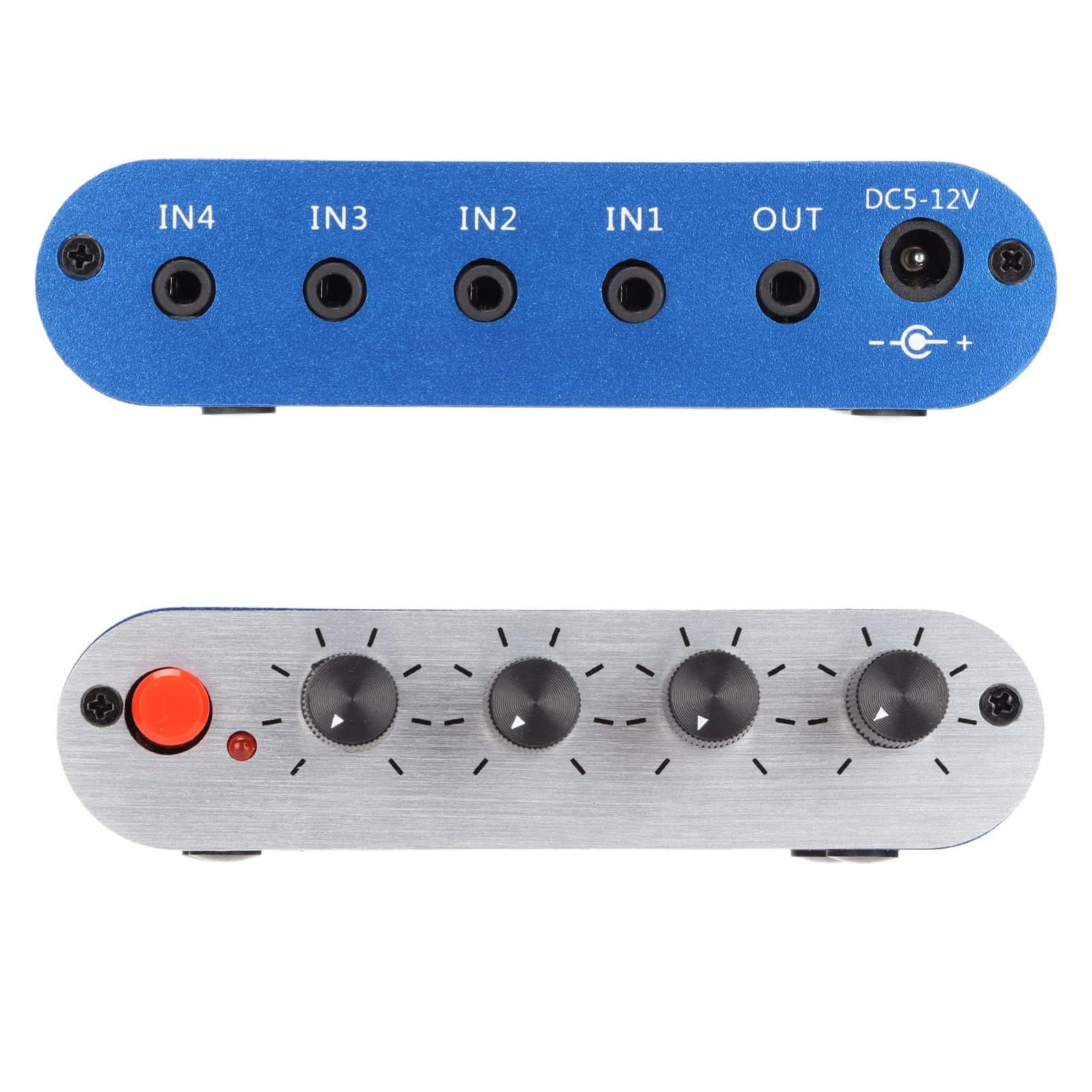 4-Kanal Mixer Mischpult, 4-Kanal Line-Mixer -Stereo-Audiomixer, mit Separate Lautstärkeregler, 4 sound inputs into 1 stereo output, für PC Laptop Kopfhörer