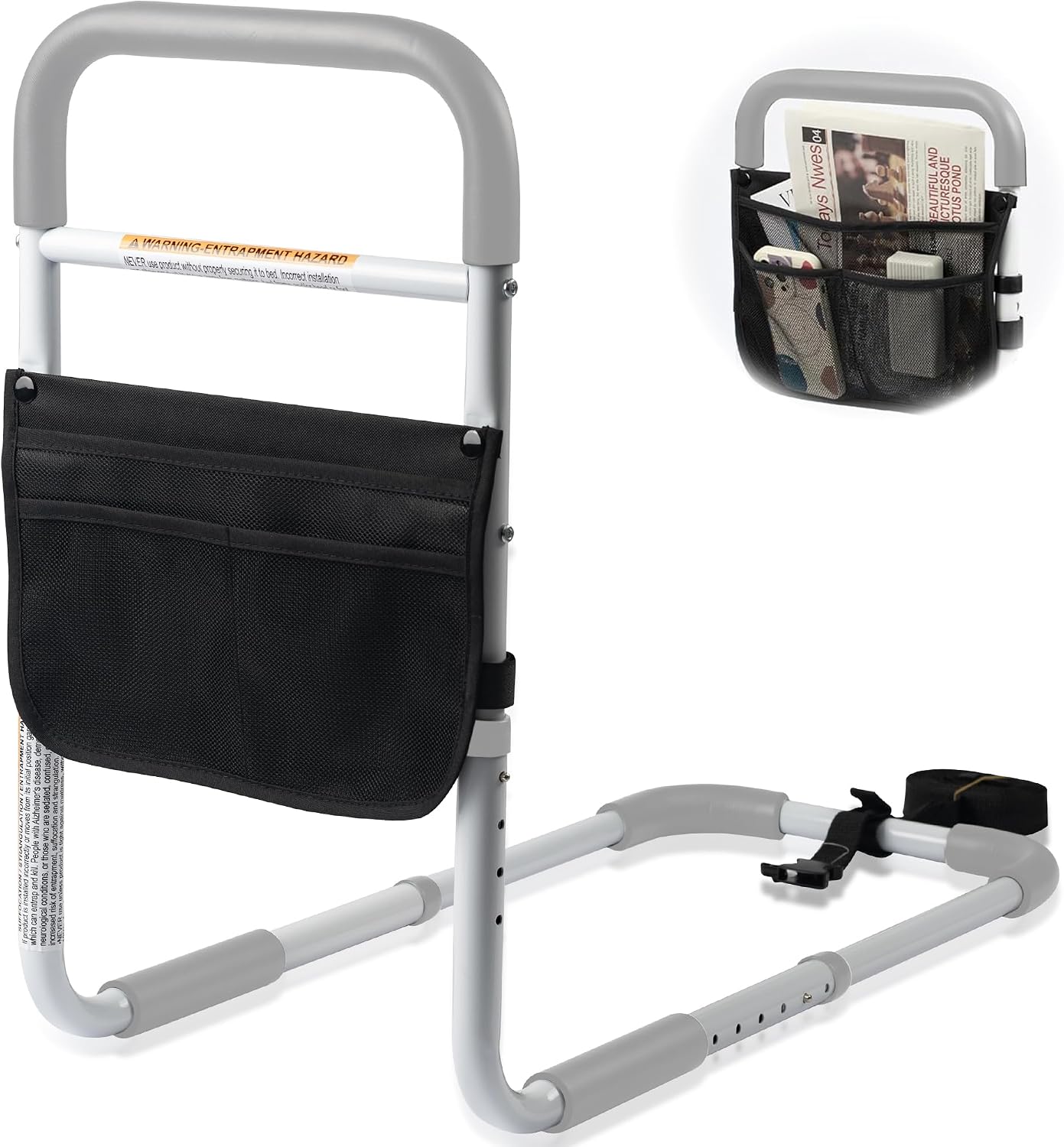 Panta Bed Assist Rail for Elderly Adults, ASTM Approved Adjustable Bed Assist Bar with Fixing Strap and Storage Bag, Foam Padded Handle, Portable Bed Cane, Fits Twin Full Queen King, Grey