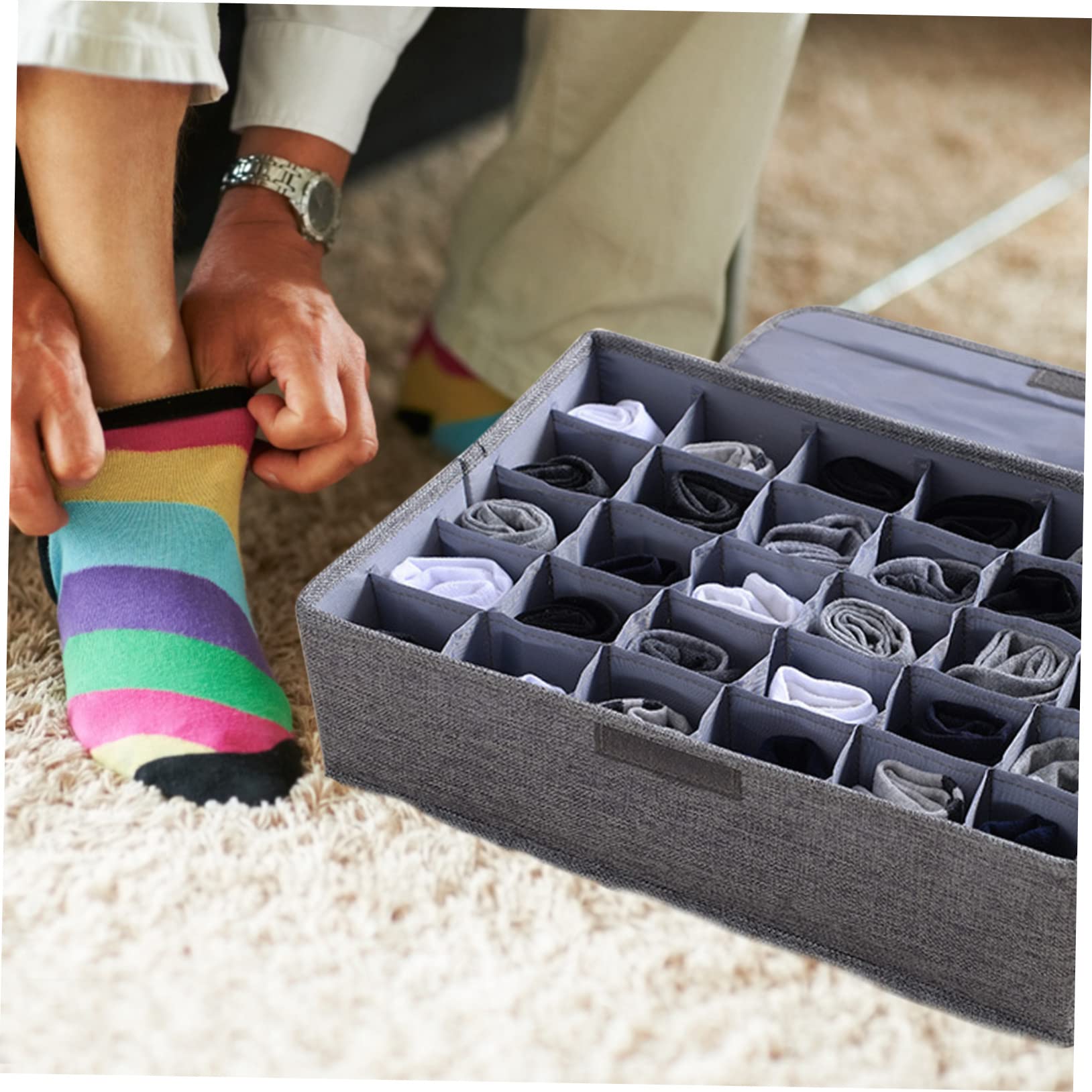 Organiseur de tiroir pliable à 30 compartiments – Boîte de rangement en coton gris pour vêtements, sous-vêtements et chaussettes – Séparateur peu encombrant avec couvercle pour l'organisation et le