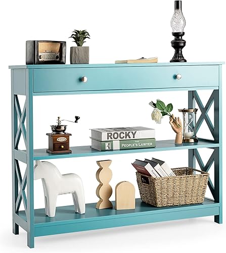 Miniatura 45 de Giantex Mesa de entrada de 3 niveles con almacenamiento, mesa consola estrecha con cajones y estantes, mesas auxiliares de sofá de diseño X para