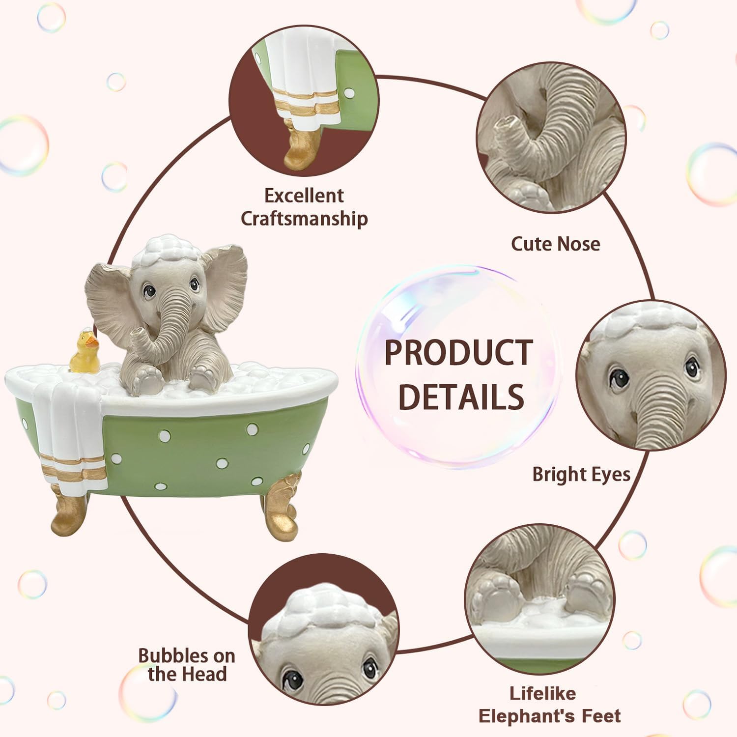 Elephant Figurine Garden Statue Decor, Cute Grey Resin Elephant with a Duck in Polka Dot Bathtub Brings Good Luck, Health, Strength, Housewarming Gifts for Home Bathroom Farmhouse Tiered Tray - Image 3