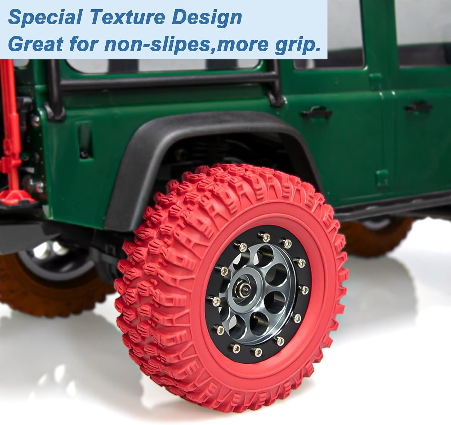 4PCS 1.3" Beadlock Wheel Tires Set 1.3inch Aluminum Beadlock Wheel Hub ＆ 65mm/2.56inch Colored Rubber Crawler Tires for 1/18 TRX4M 1/24 SCX24 FCX24 RC Crawler Car (red tires + black wheel hub)