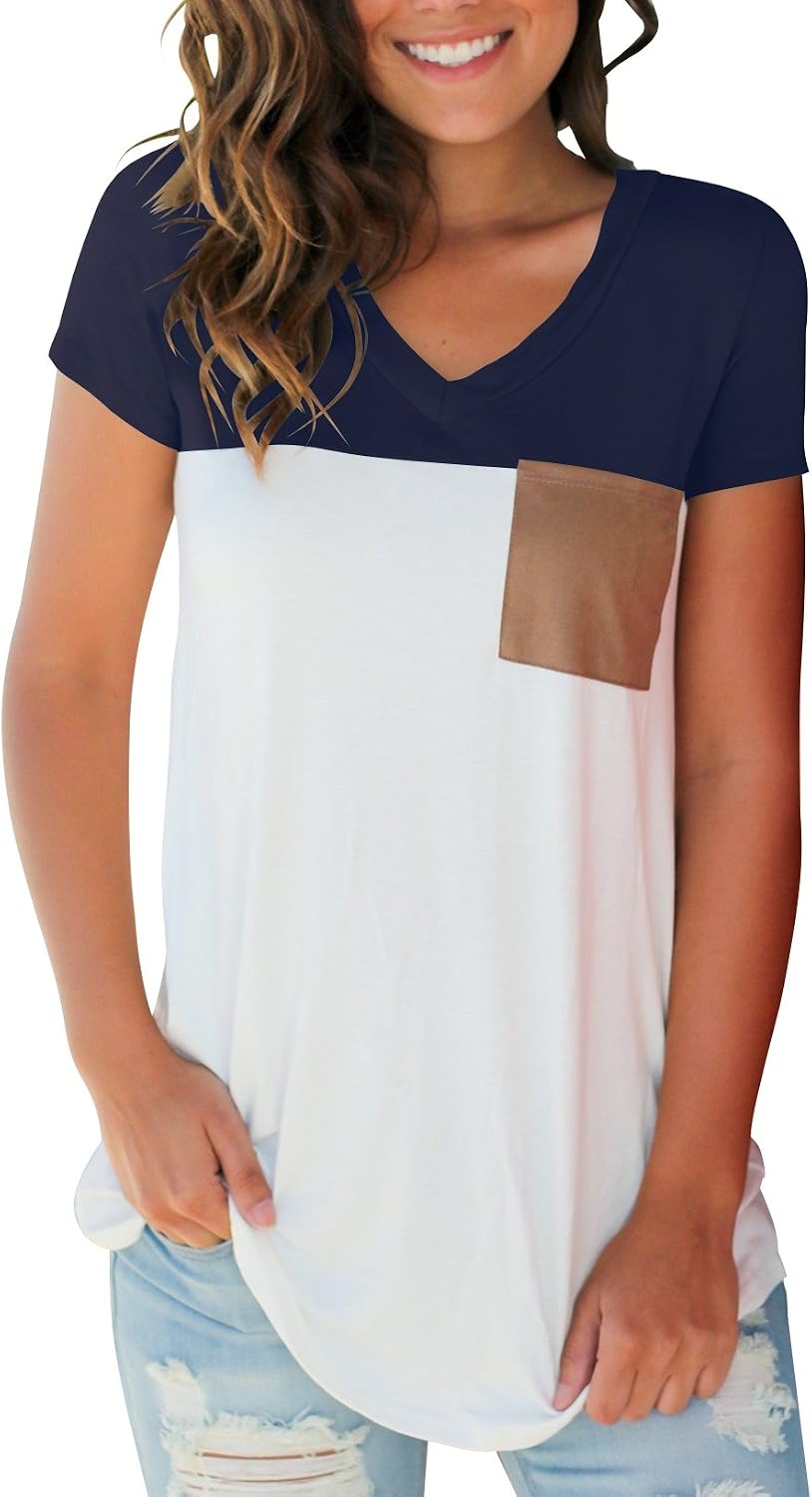 Women's Basic Short Sleeve Tops Suede Pocket Trendy Tops Navy Blue L