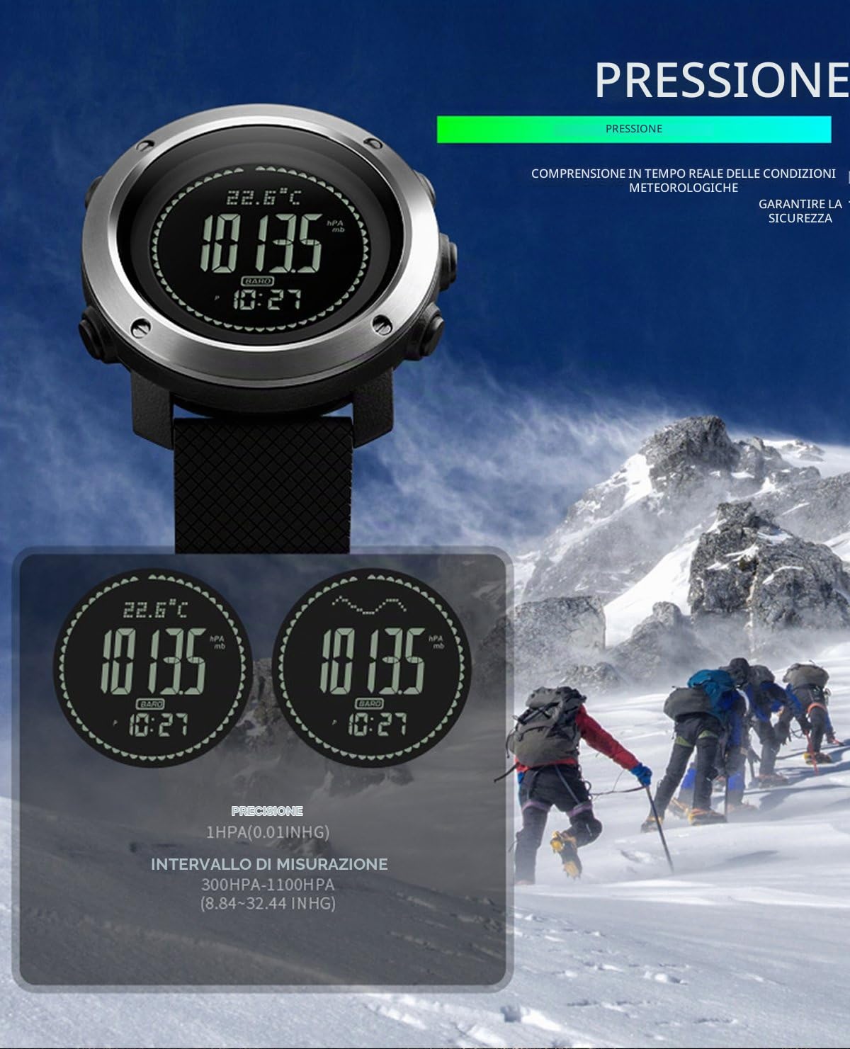 Orologio digitale da uomo con bussola, contapassi, barometro, altimetro, contatore alla rovescia, termometro, sport, militare