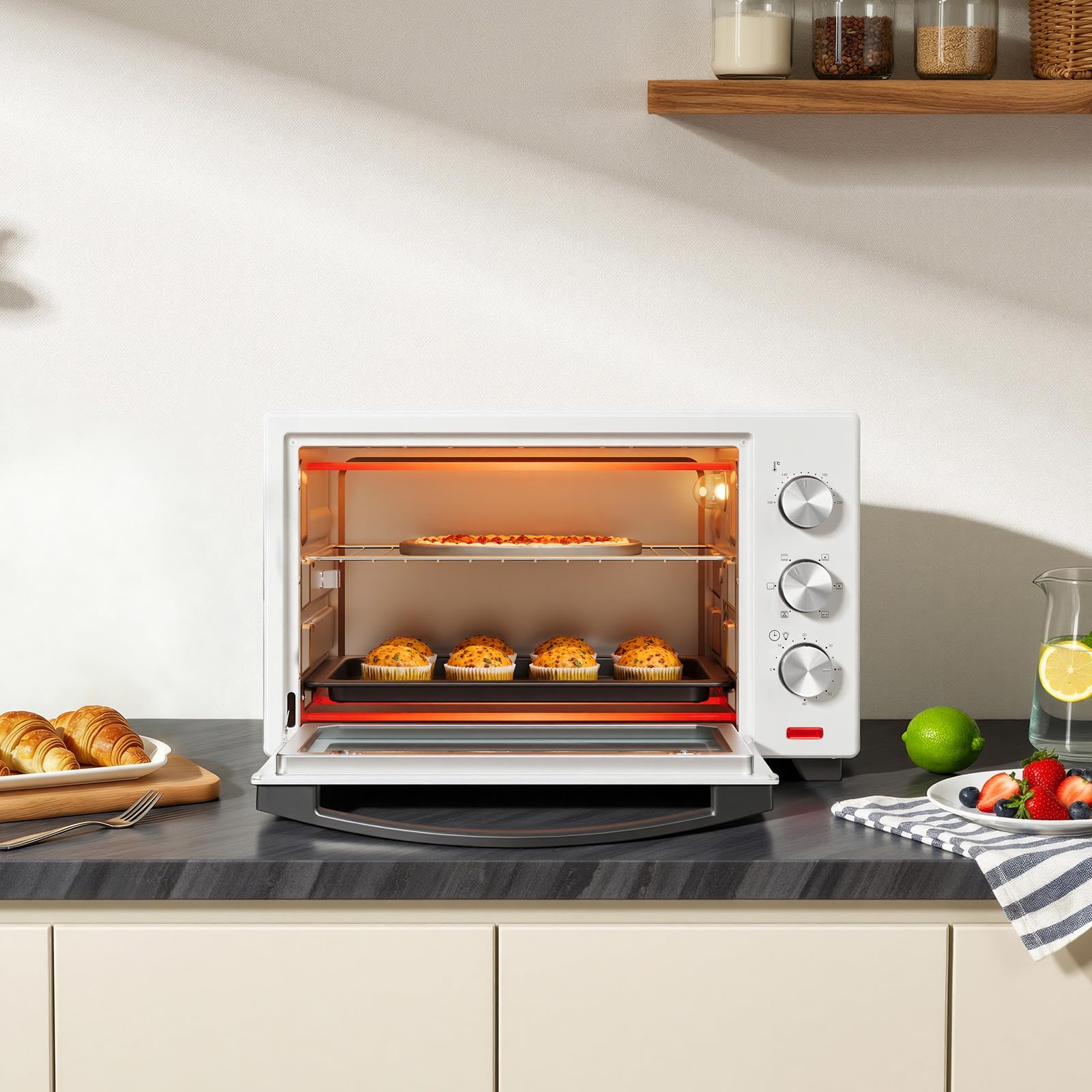 WOLTU Mini Four 32L avec Broche de Rôtisserie, 4 éléments chauffants, Minuterie 60 min, Température 100-230℃, 1600W, Porte à Double Vitrage, Blanc