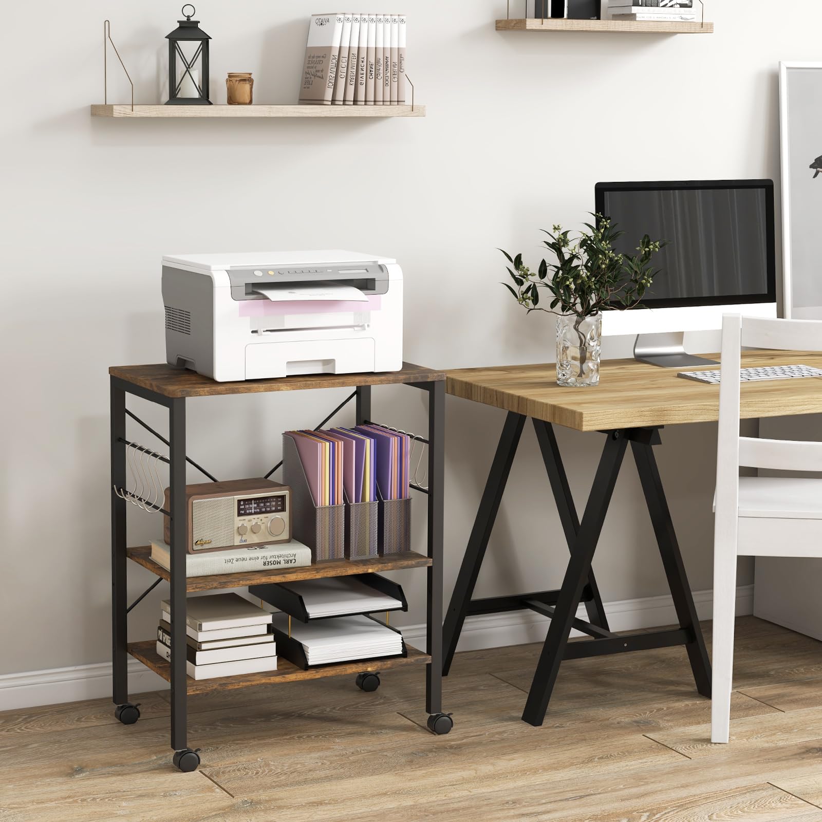 KOMFOTTEU Carrello da Cucina con Rotelle, Carrello a 3 Livelli con Ripiani Regolabili e 10 Ganci a S, Carrello di Servizio in Legno e Metallo, Carrello Multiuso per Ufficio Cucina (Industria)