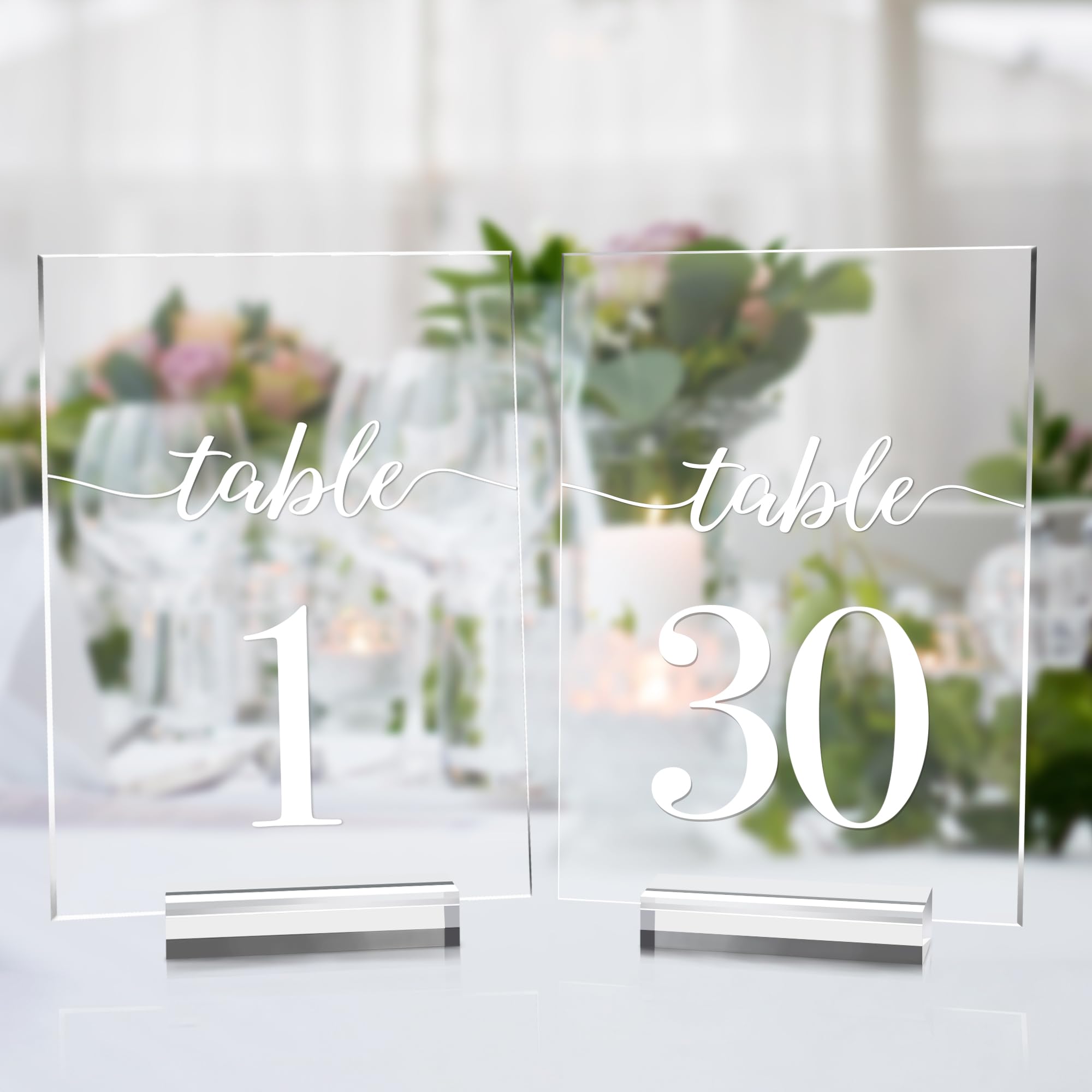 JINMURY Clear Wedding Table Numbers 1-30 with Stands, 5x7 Inch Clear Acrylic Sign Printed White Calligraphy Font, Acrylic Table Numbers with Holder for Wedding Party Reception