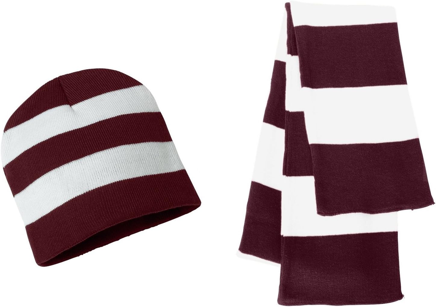 Sportsman Knit Collegiate Rugby Stripe Winter Scarf & Beanie Hat Set - Assorted Colors, Maroon/White