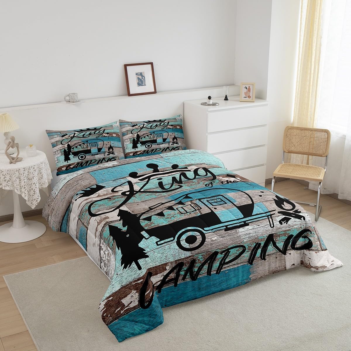 Feelyou Camping Comforter Set for Kids Boys Girls Wood Grain Comforter Full Size King Print Bedding Set Bedroom Decor Happy Camping Duvet Set Quilt Set 3Pcs