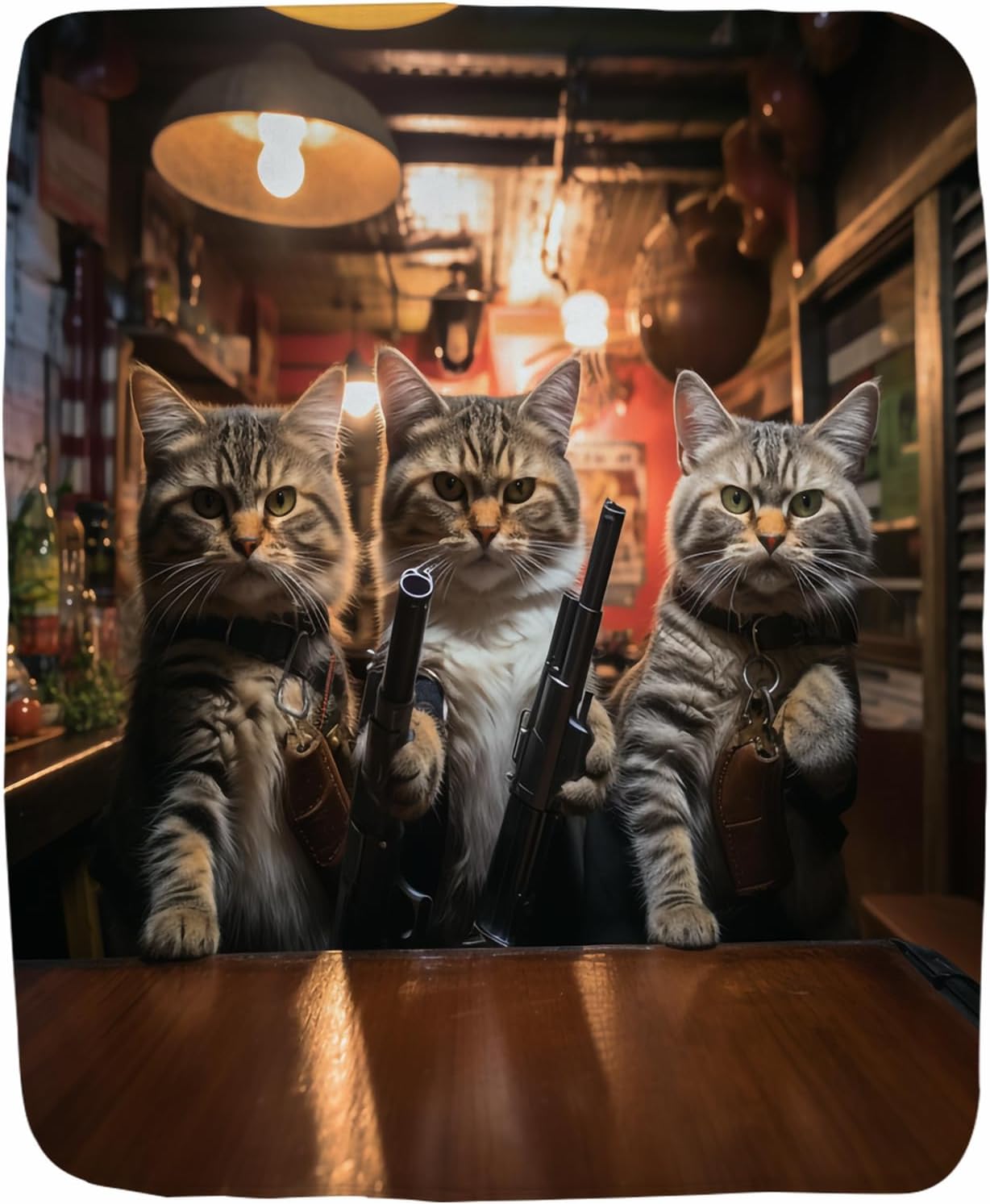 Funny Cat Blanket Western Country Cool Kitten with Gun Throw Blanket for Couch Fuzzy Personalized Soft Fleece Flannel Blanket for Adults (60" x 80")