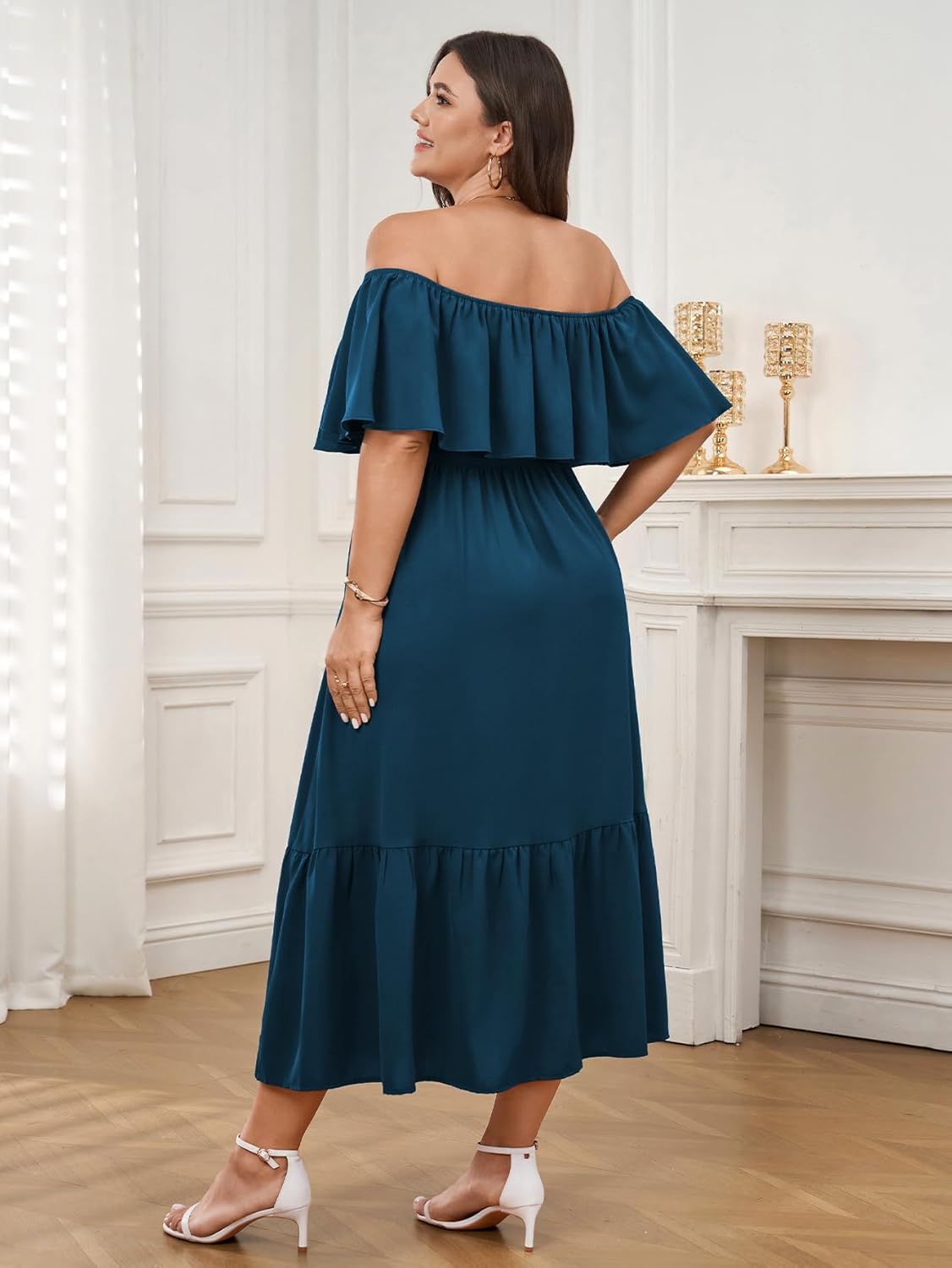 SCOMCHIC Womens Plus Size Wedding Guest Cocktail Dresses Off The Shoulder Smocked Waist Ruffle Slit Maxi Dress