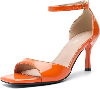 Women's Ankle Strap Mid Kitten Sandals, Square Open Toe, 3-Inch Heel, Summer Dress Shoes